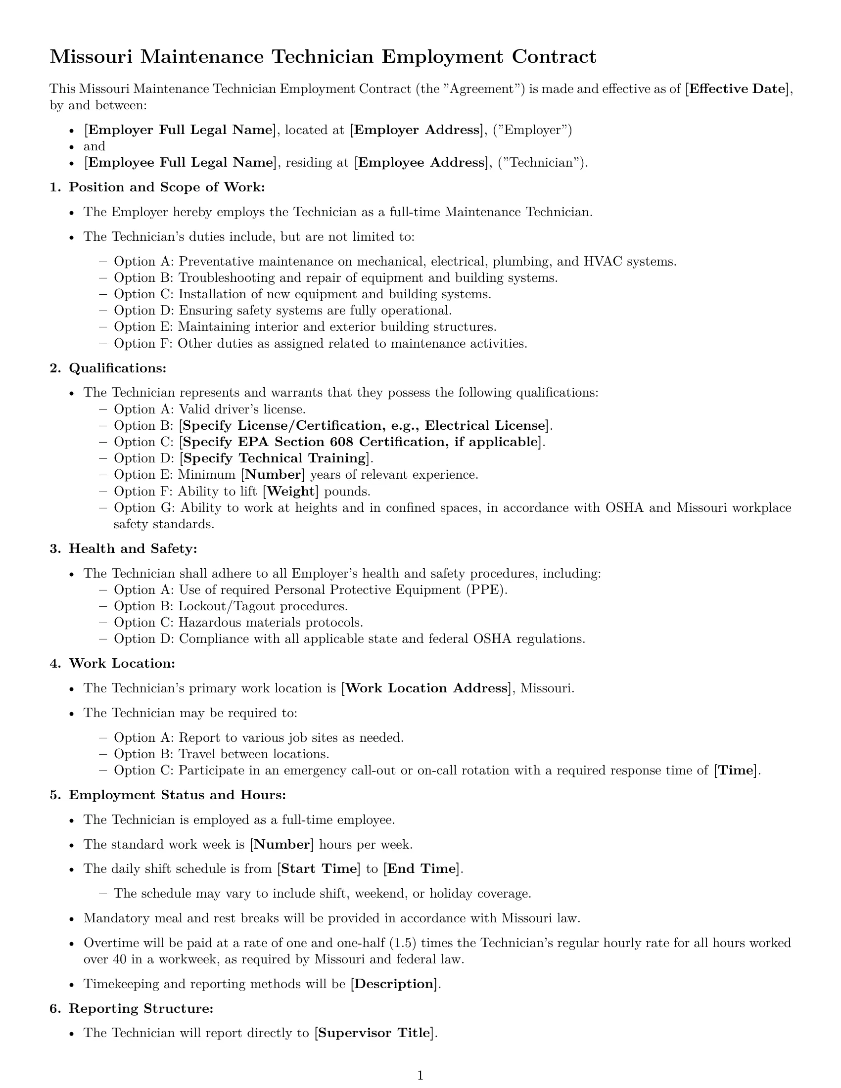 Preview page 1 of Free Missouri maintenance technician employment contract template