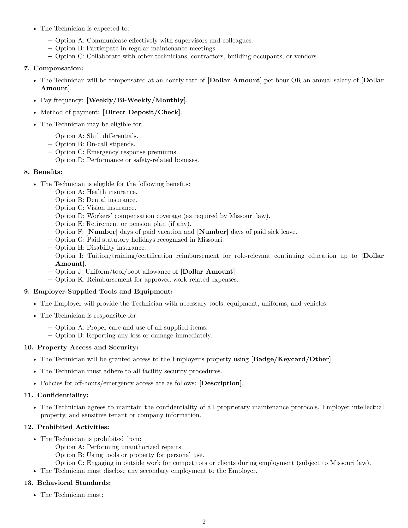 Preview page 2 of Free Missouri maintenance technician employment contract template