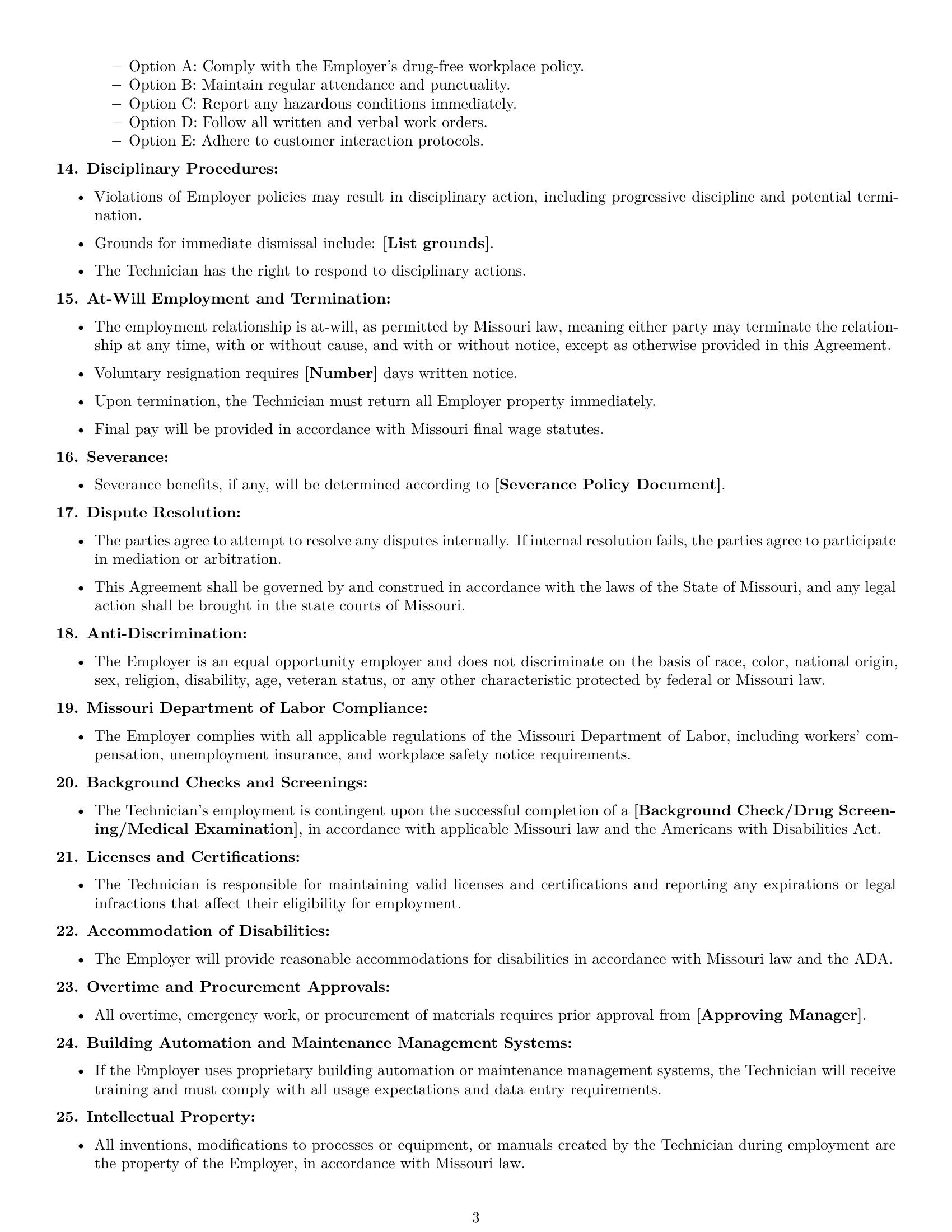 Preview page 3 of Free Missouri maintenance technician employment contract template