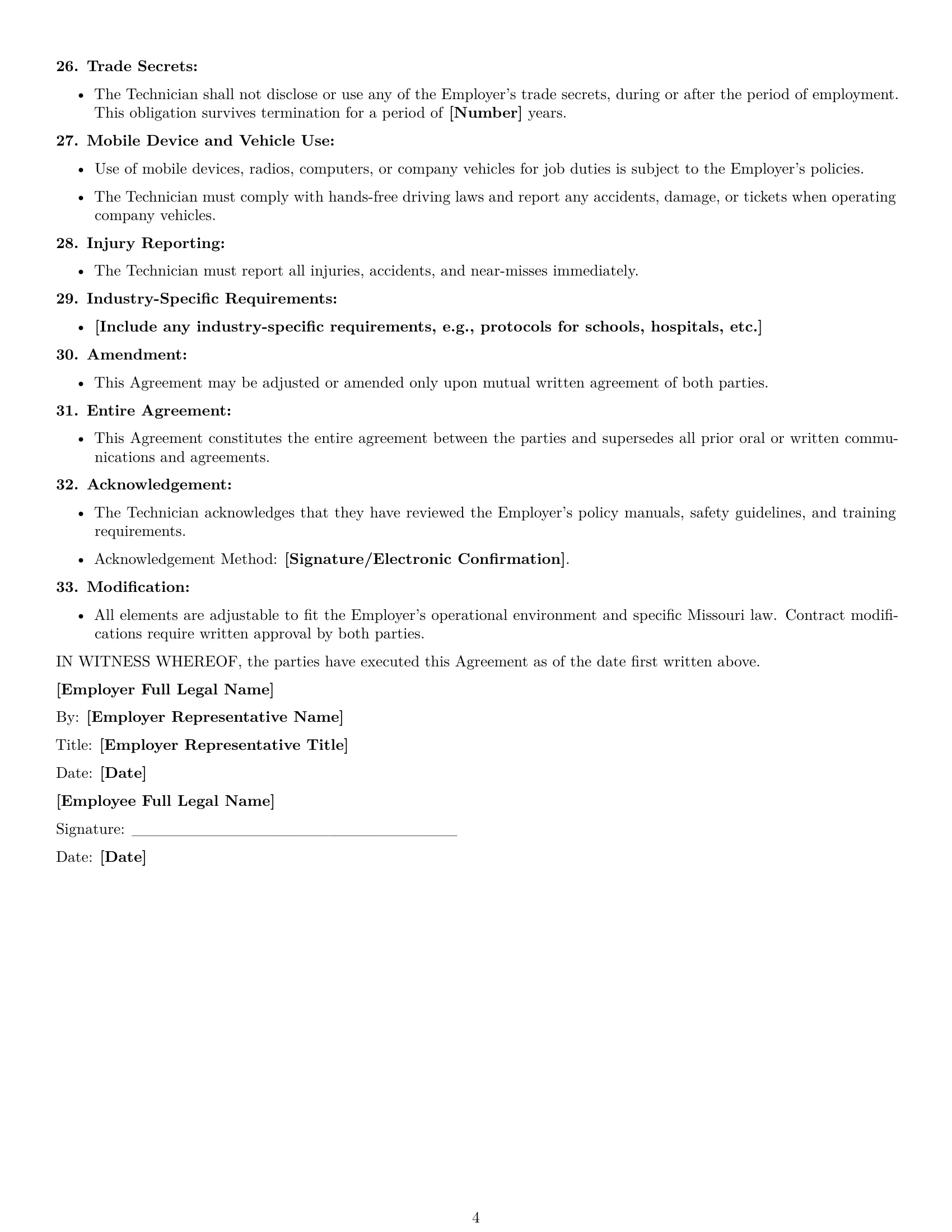 Preview page 4 of Free Missouri maintenance technician employment contract template
