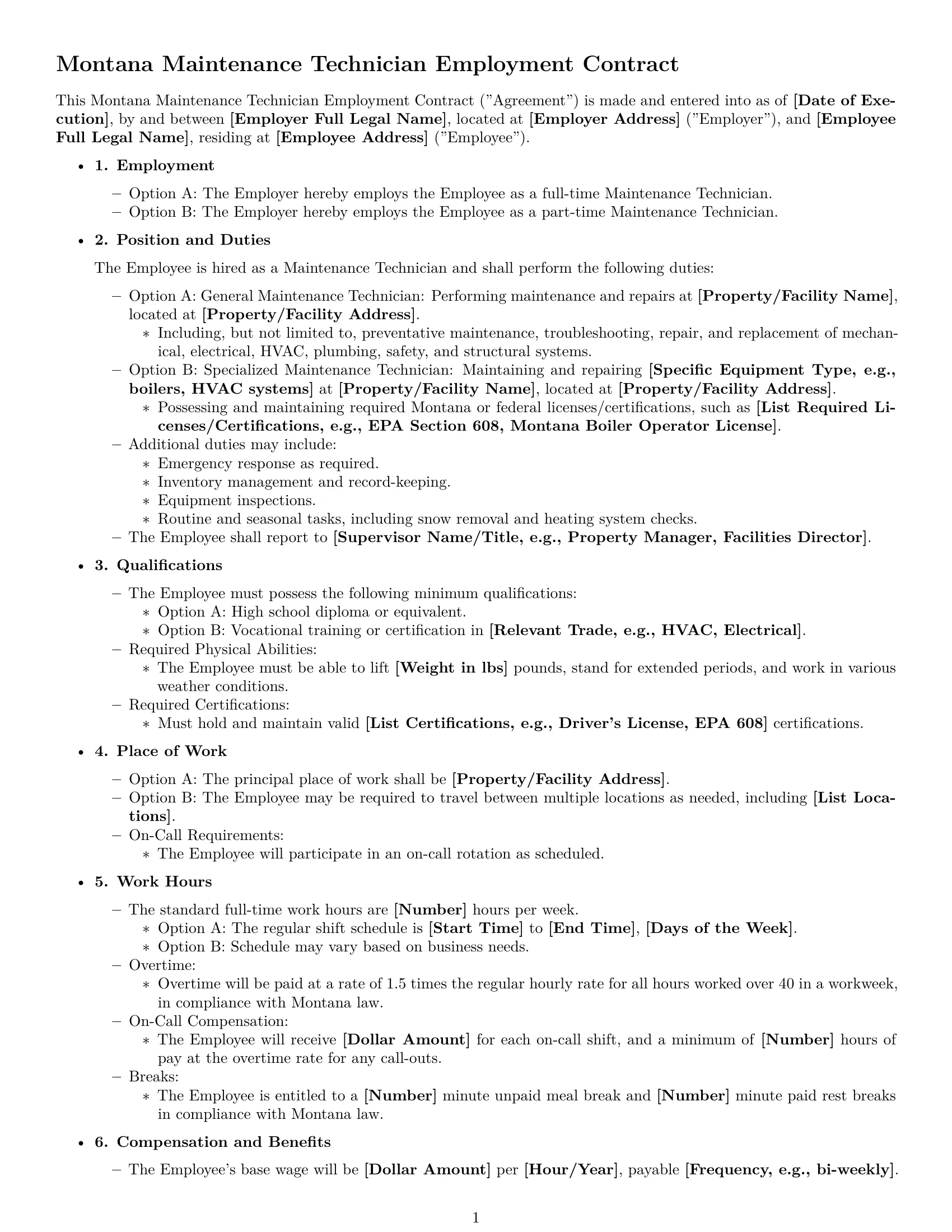 Preview page 1 of Free Montana maintenance technician employment contract template