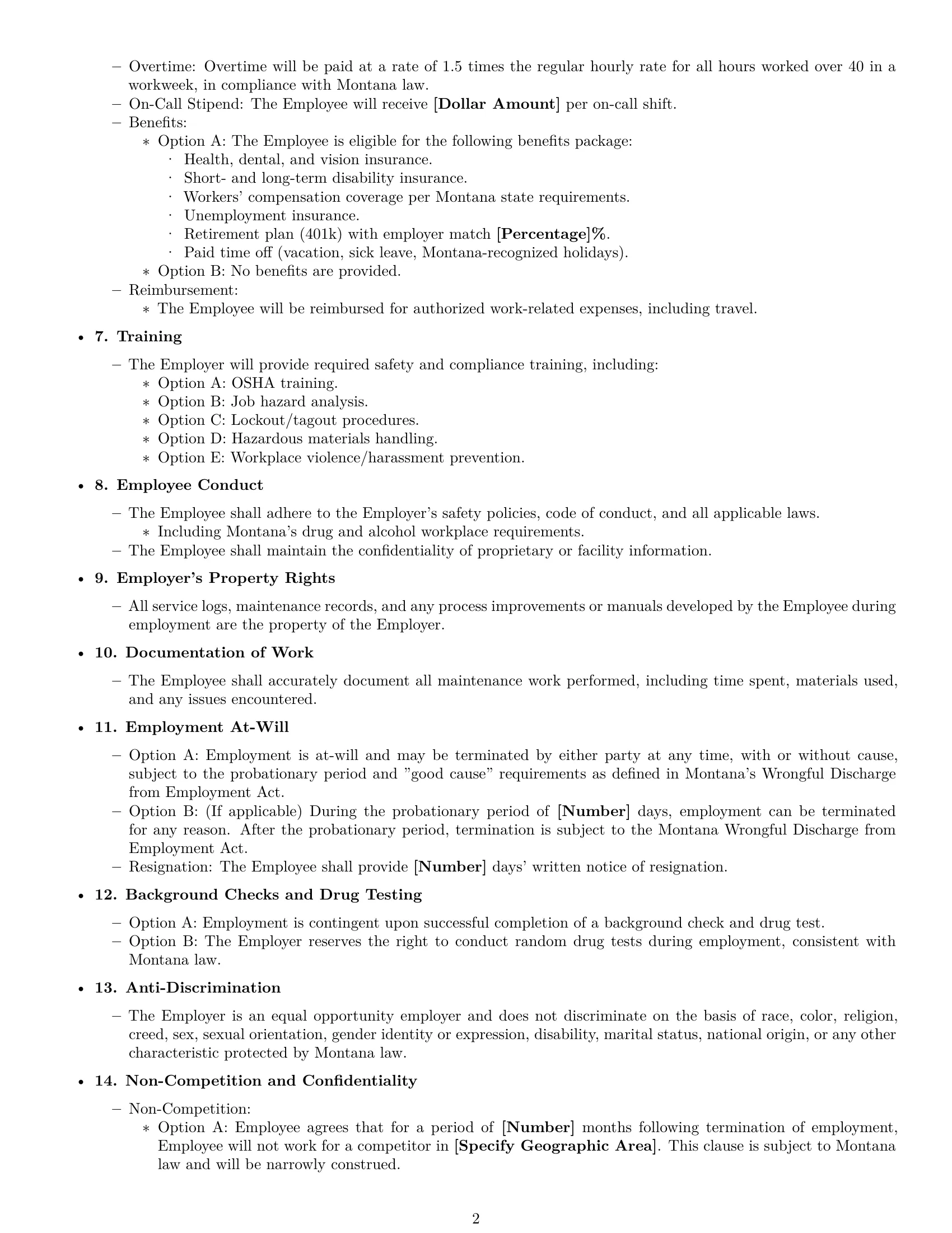 Preview page 2 of Free Montana maintenance technician employment contract template