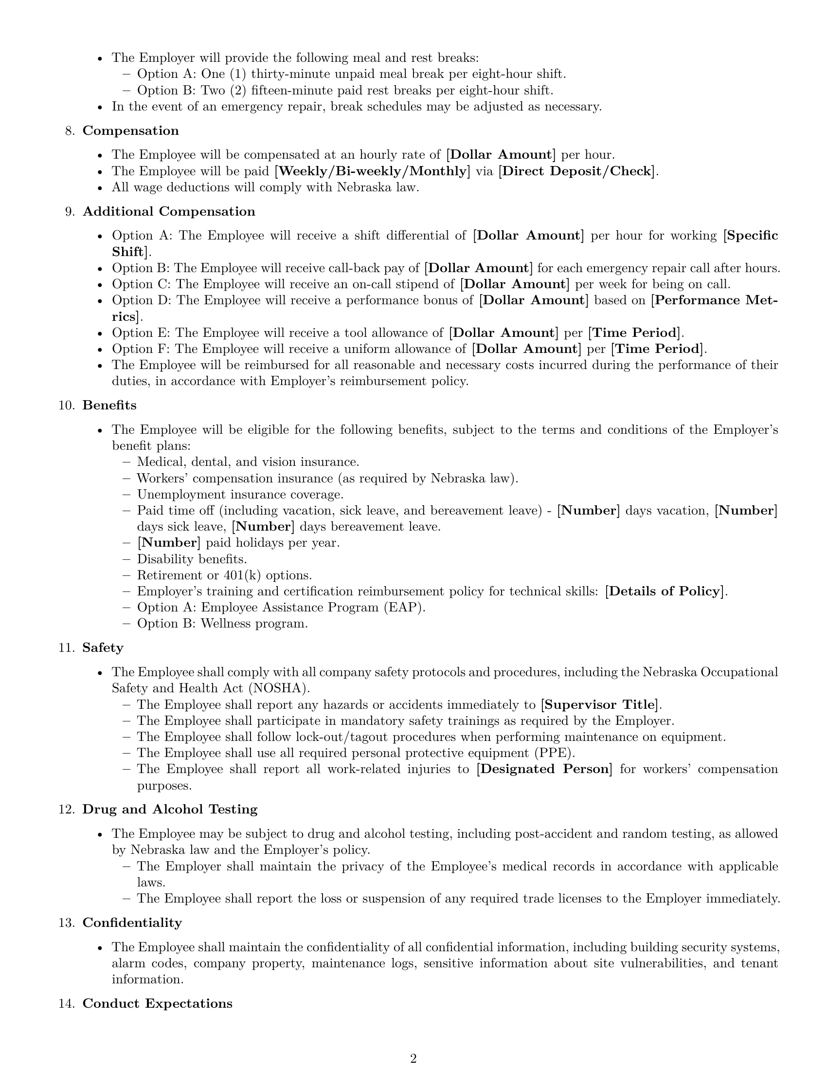 Preview page 2 of Free Nebraska maintenance technician employment contract template