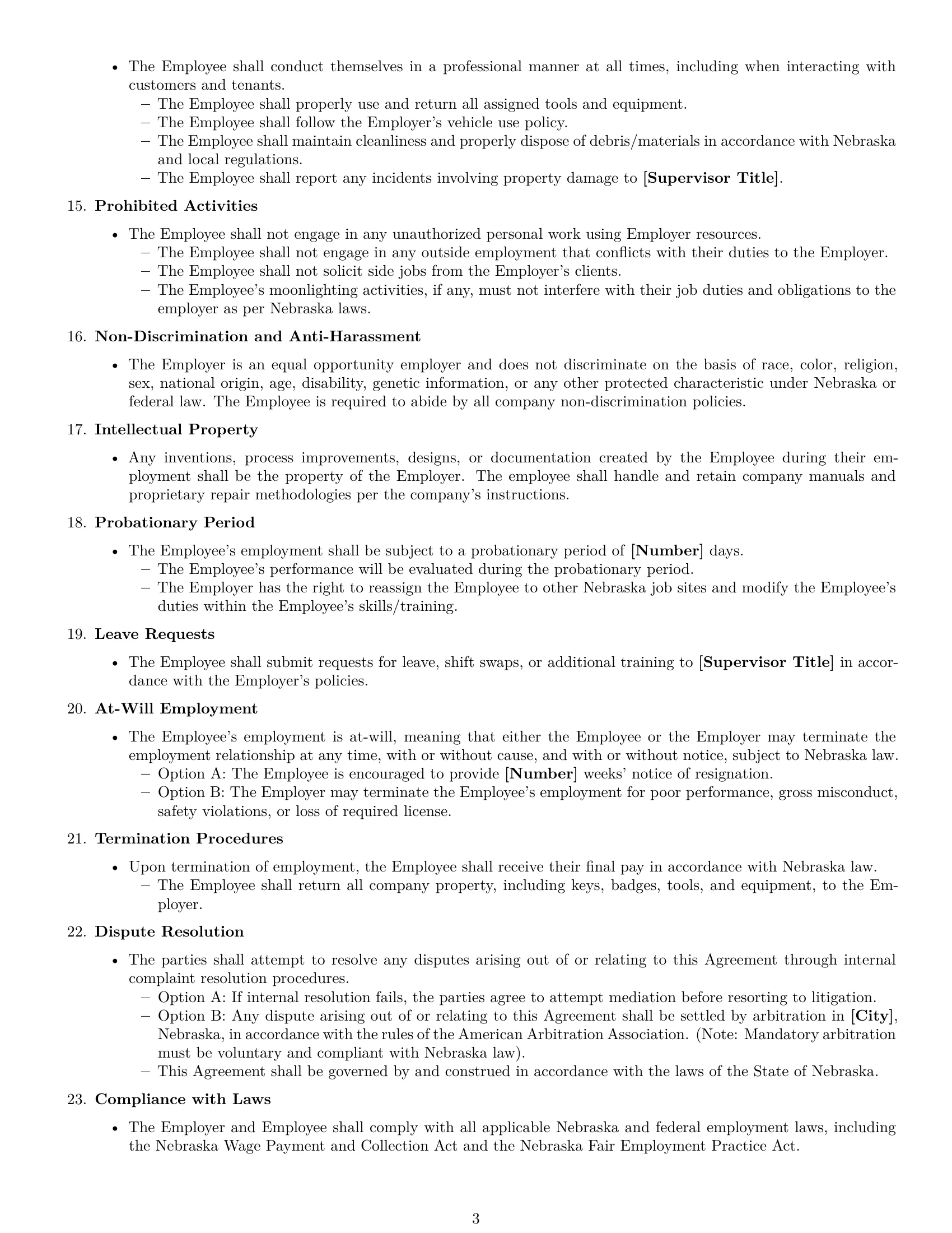 Preview page 3 of Free Nebraska maintenance technician employment contract template