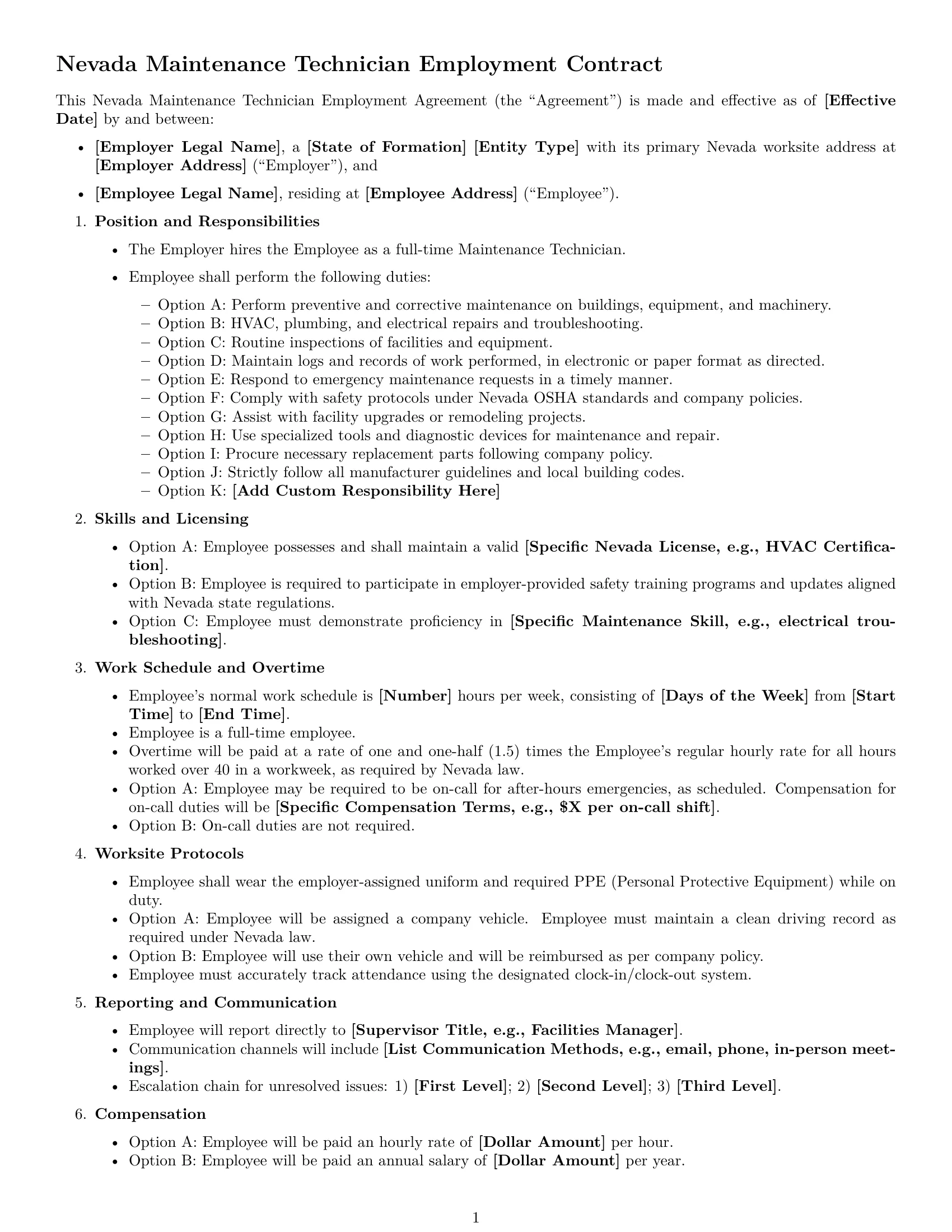 Preview page 1 of Free Nevada maintenance technician employment contract template