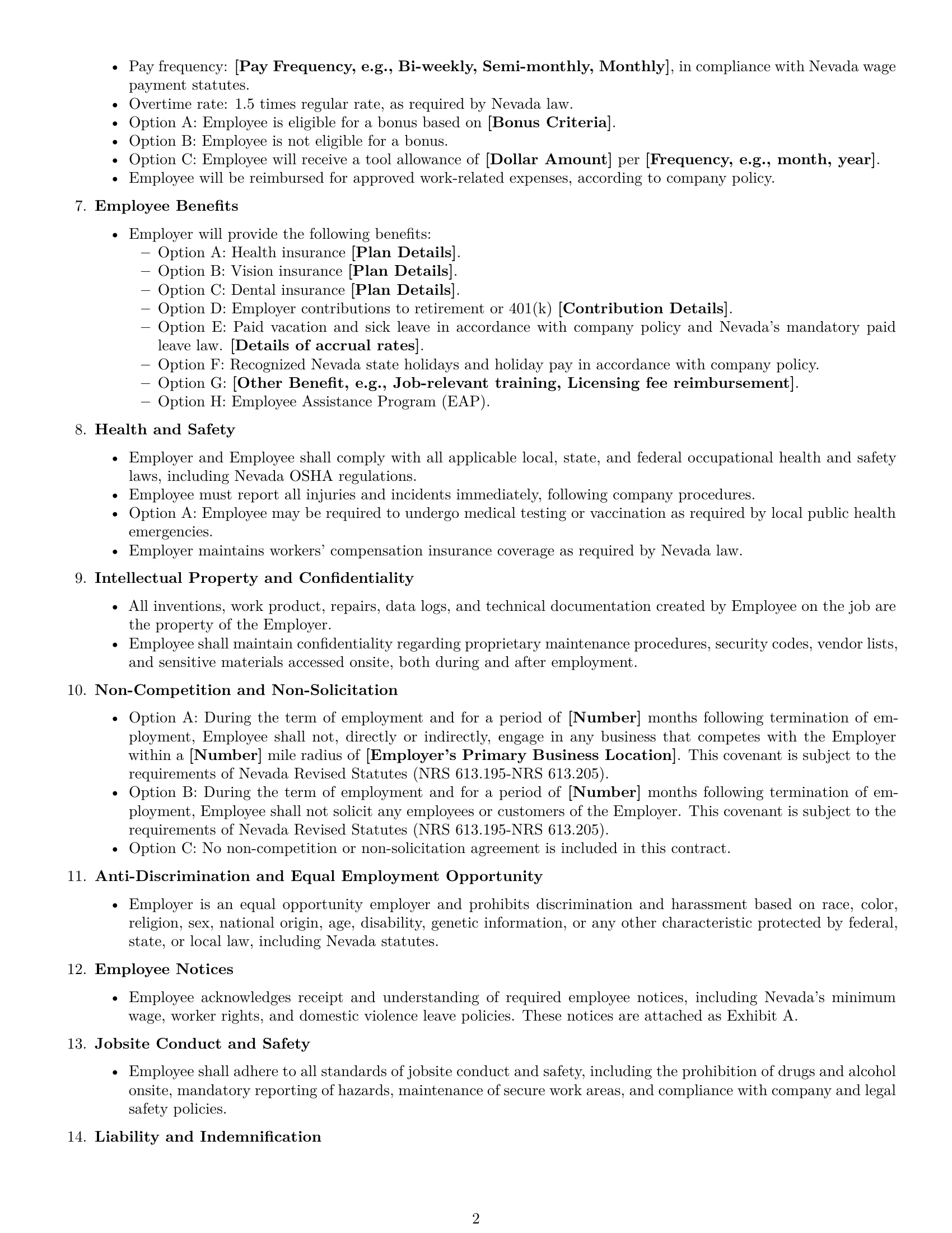 Preview page 2 of Free Nevada maintenance technician employment contract template