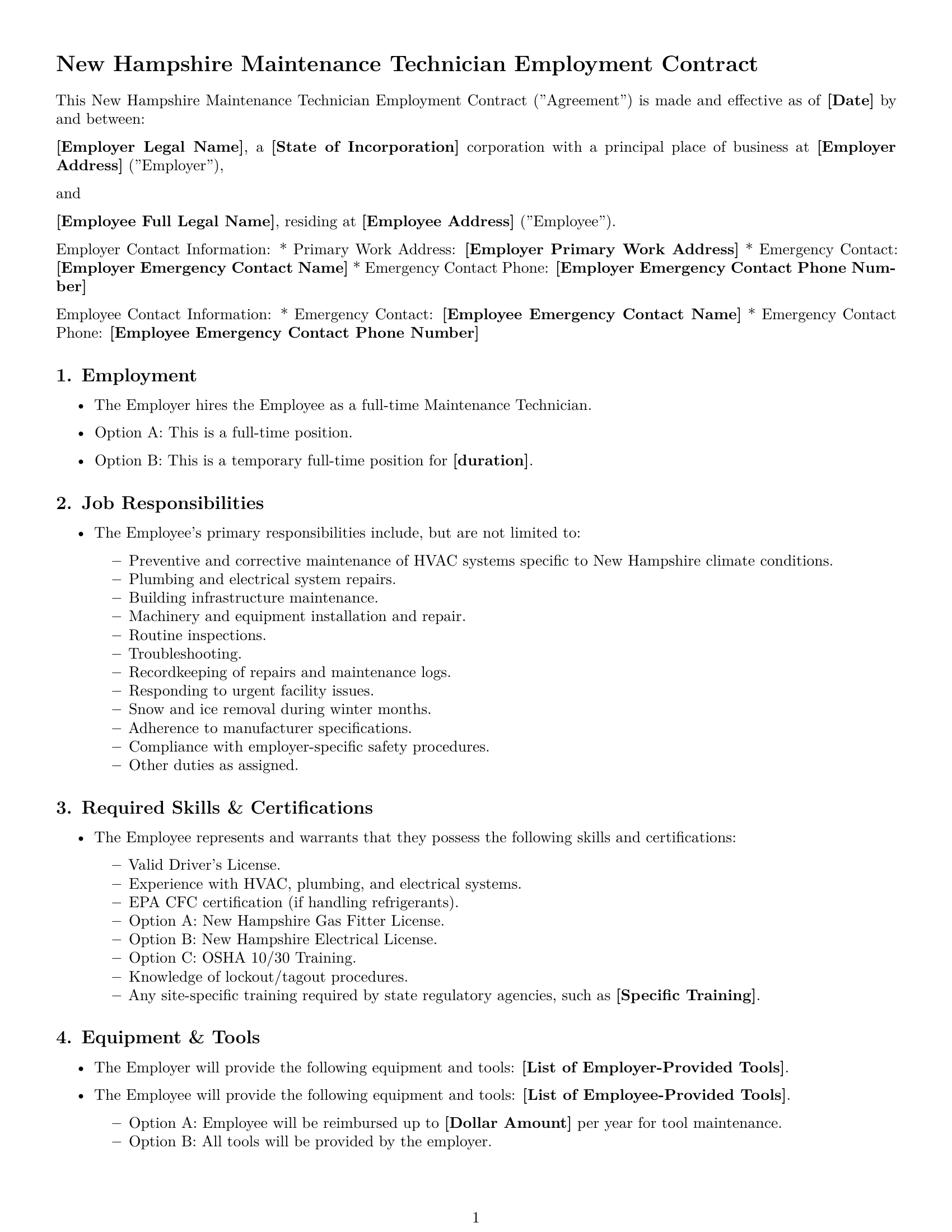 Preview page 1 of Free New Hampshire maintenance technician employment contract template