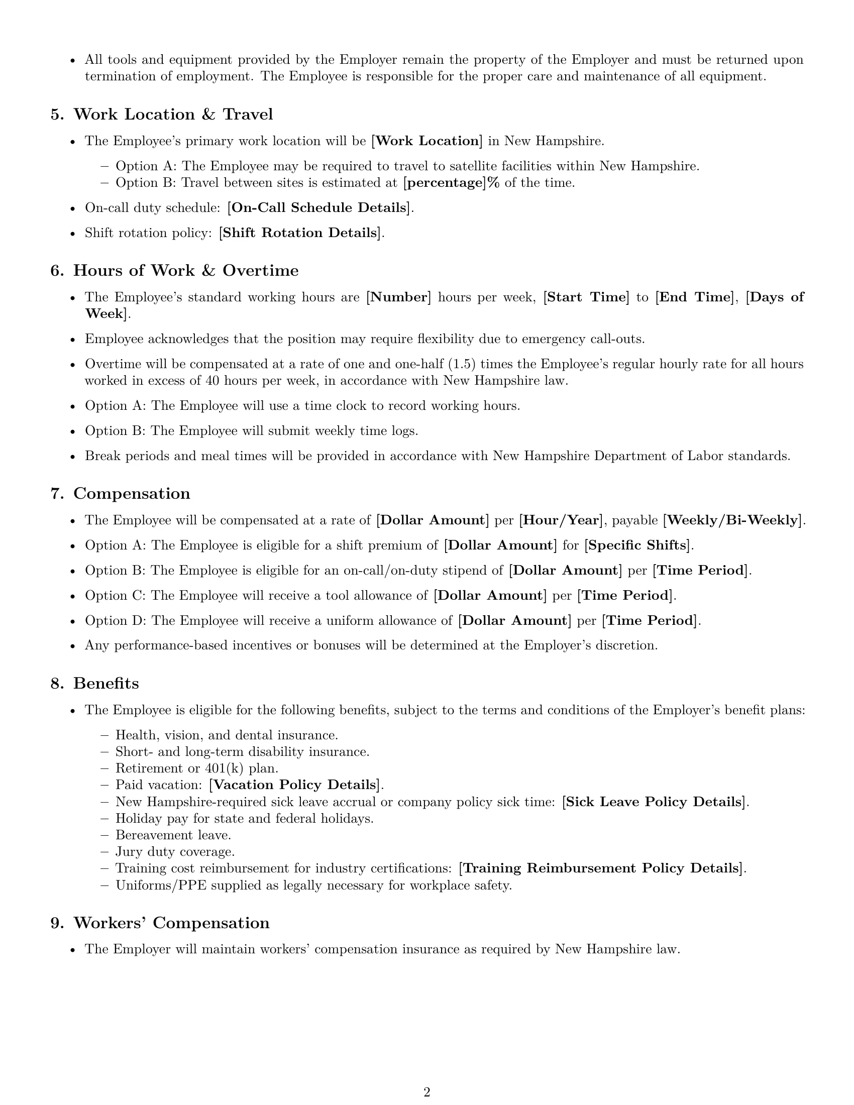 Preview page 2 of Free New Hampshire maintenance technician employment contract template