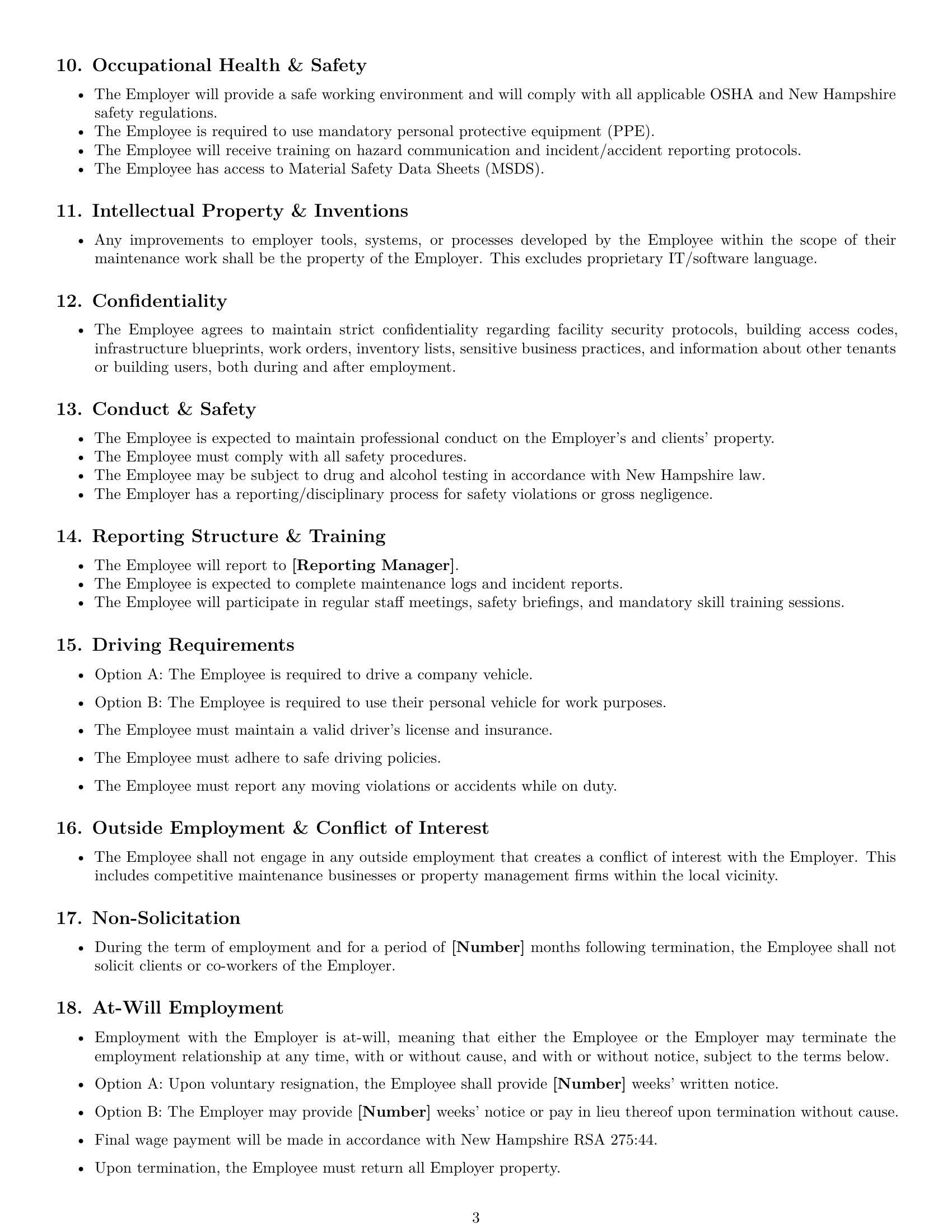 Preview page 3 of Free New Hampshire maintenance technician employment contract template