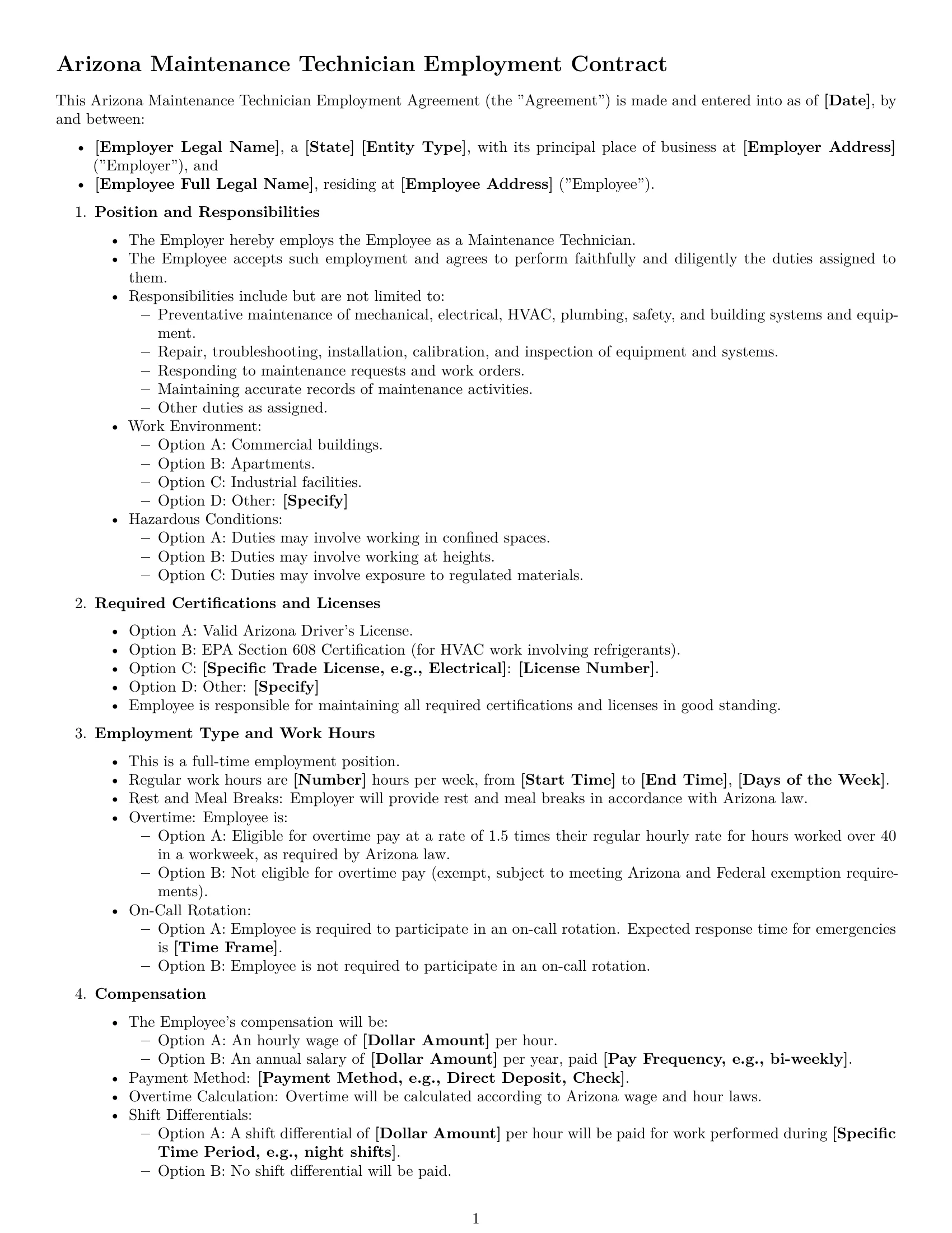 Preview page 1 of Free Arizona maintenance technician employment contract template
