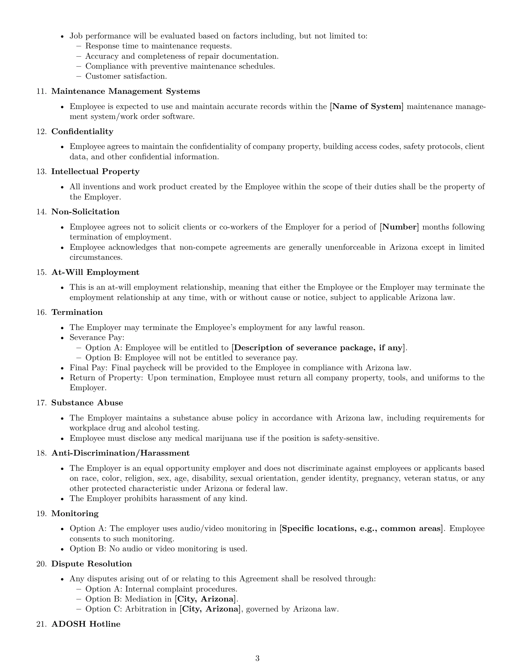 Preview page 3 of Free Arizona maintenance technician employment contract template