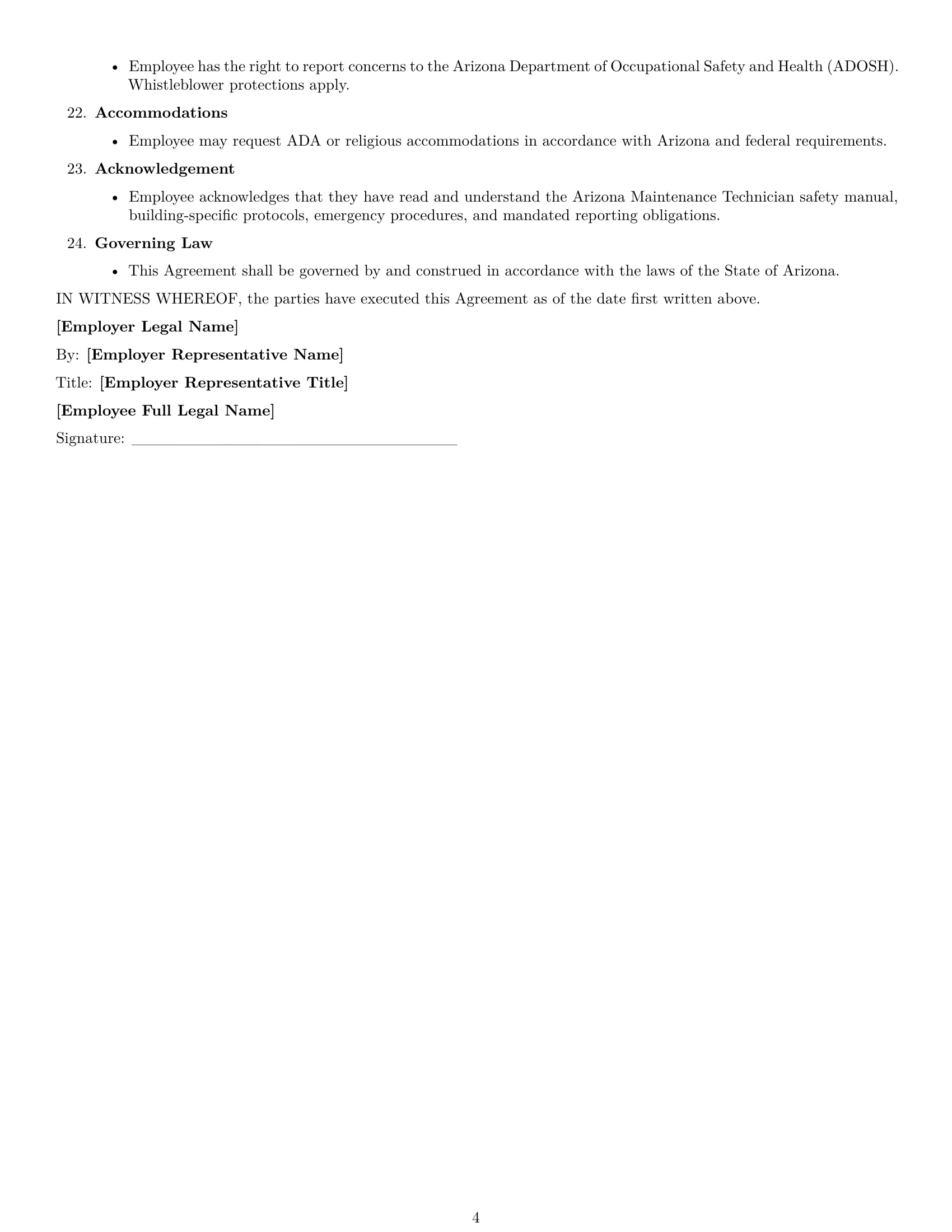 Preview page 4 of Free Arizona maintenance technician employment contract template