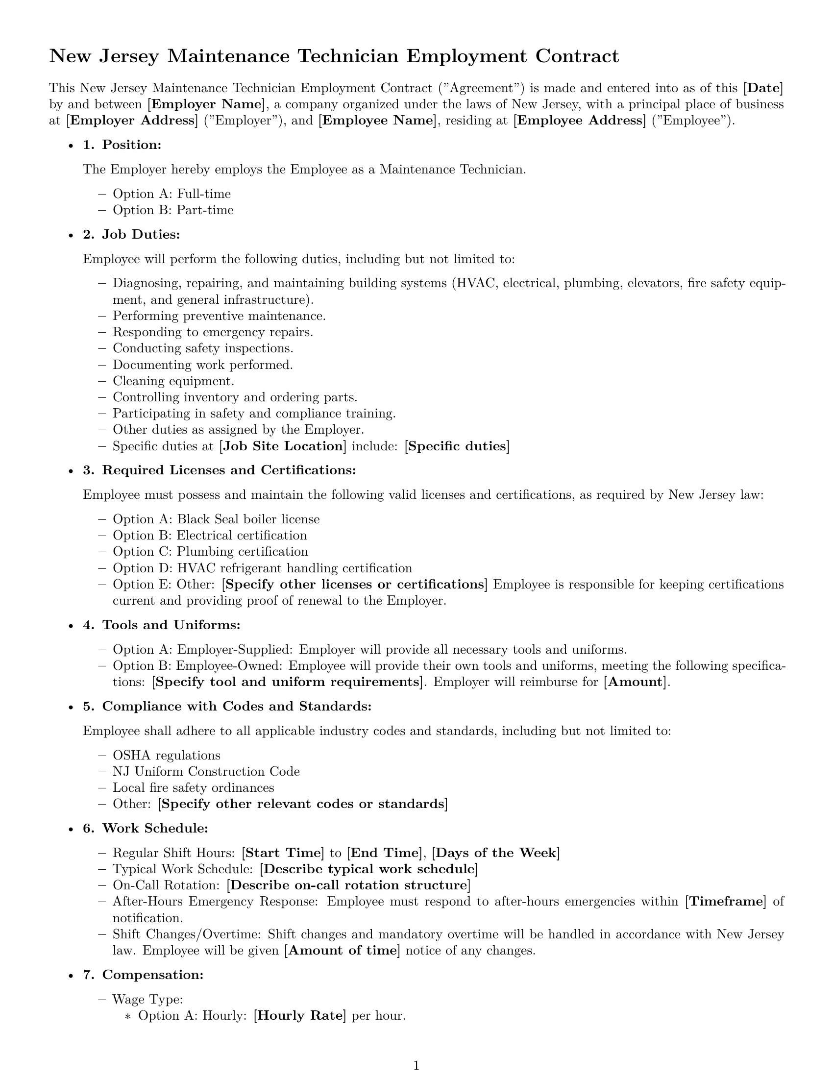 Preview page 1 of Free New Jersey maintenance technician employment contract template
