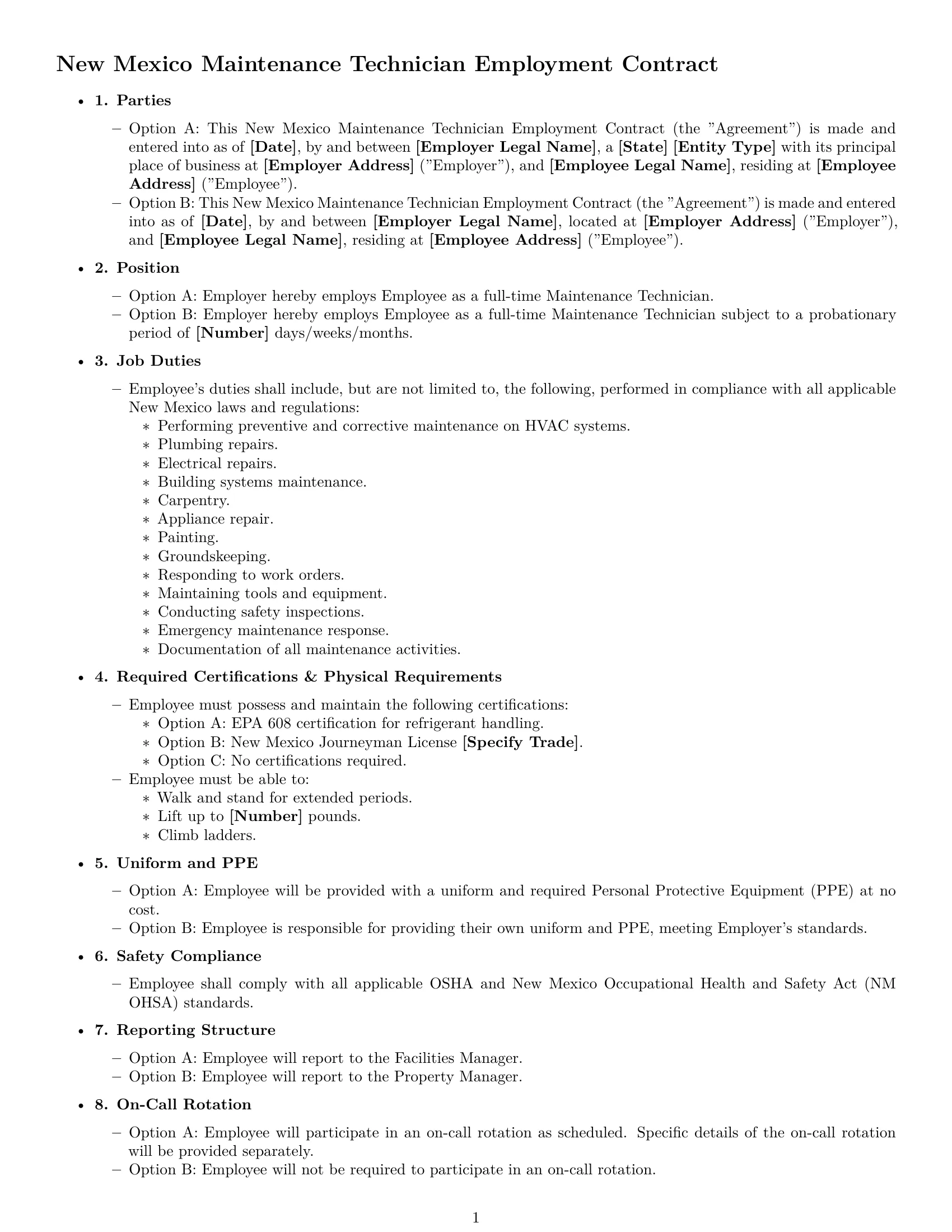 Preview page 1 of Free New Mexico maintenance technician employment contract template