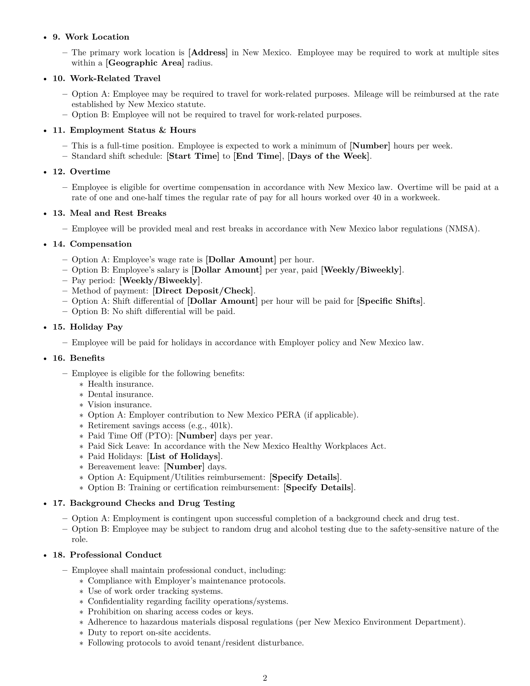 Preview page 2 of Free New Mexico maintenance technician employment contract template