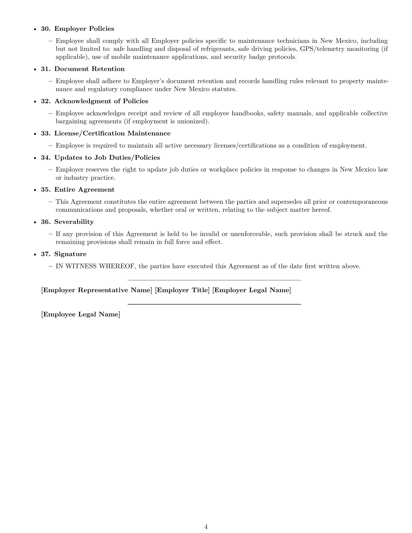 Preview page 4 of Free New Mexico maintenance technician employment contract template