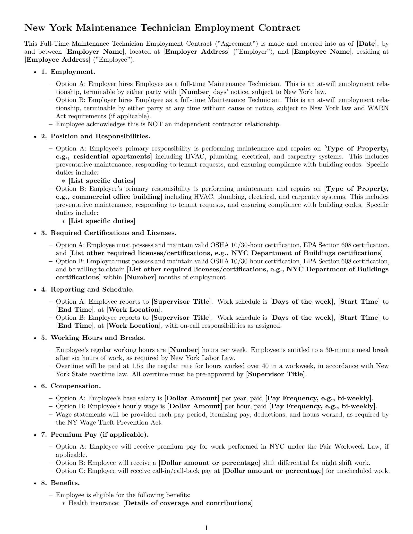 Preview page 1 of Free New York maintenance technician employment contract template