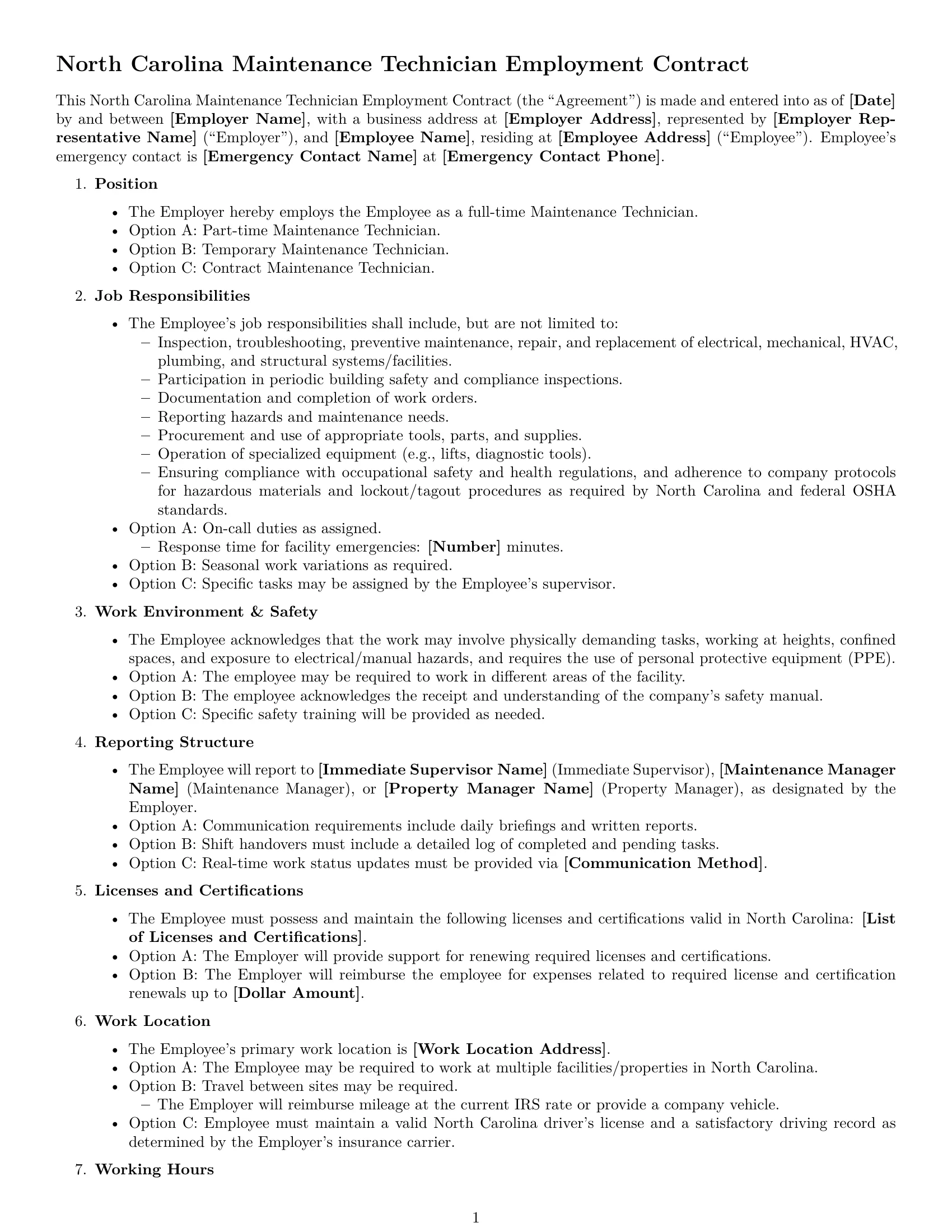 Preview page 1 of Free North Carolina maintenance technician employment contract template