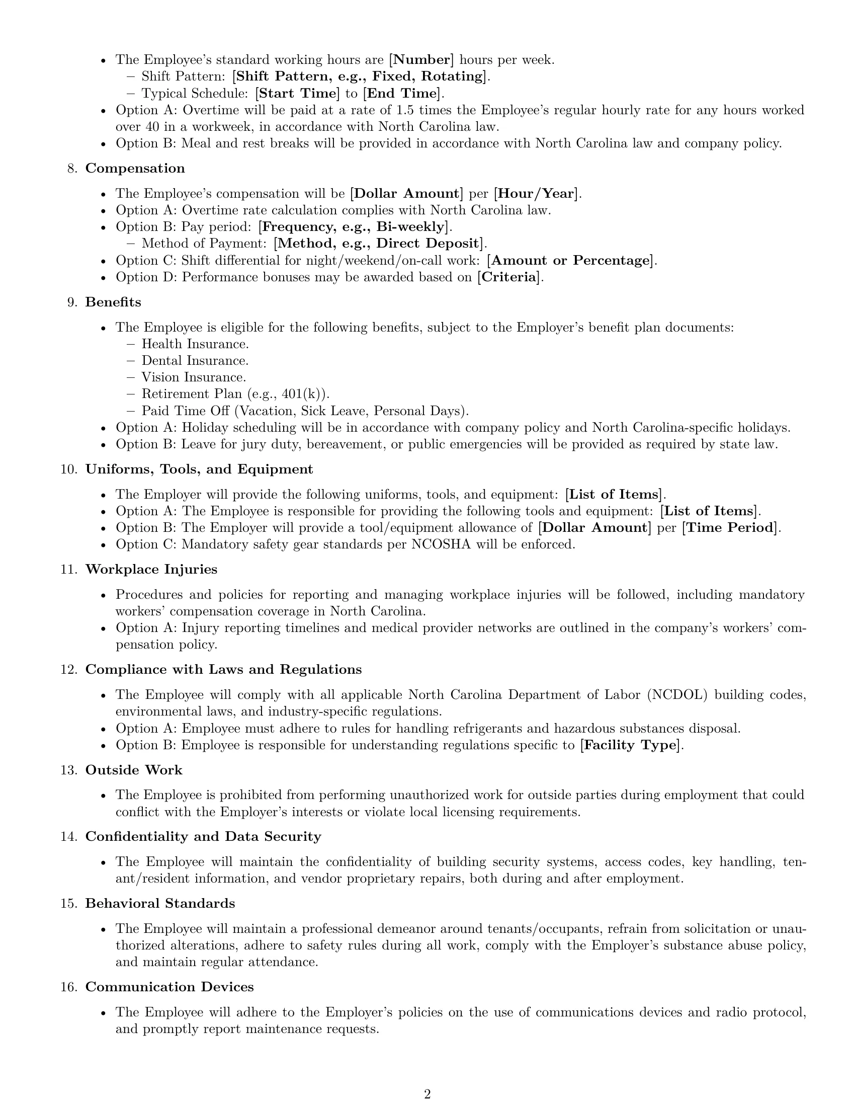 Preview page 2 of Free North Carolina maintenance technician employment contract template