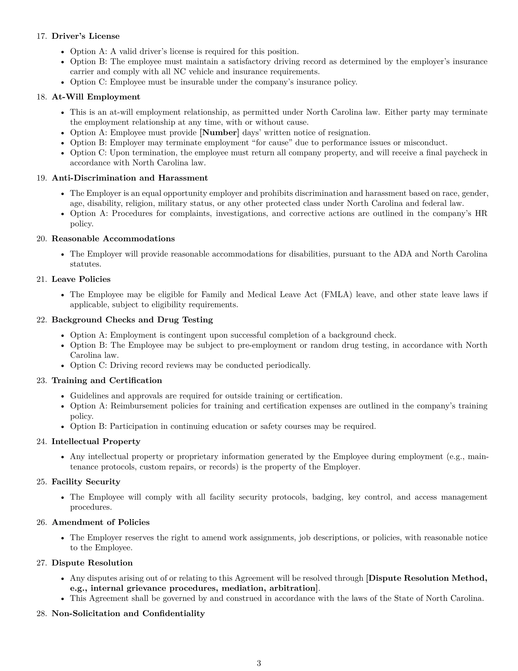 Preview page 3 of Free North Carolina maintenance technician employment contract template