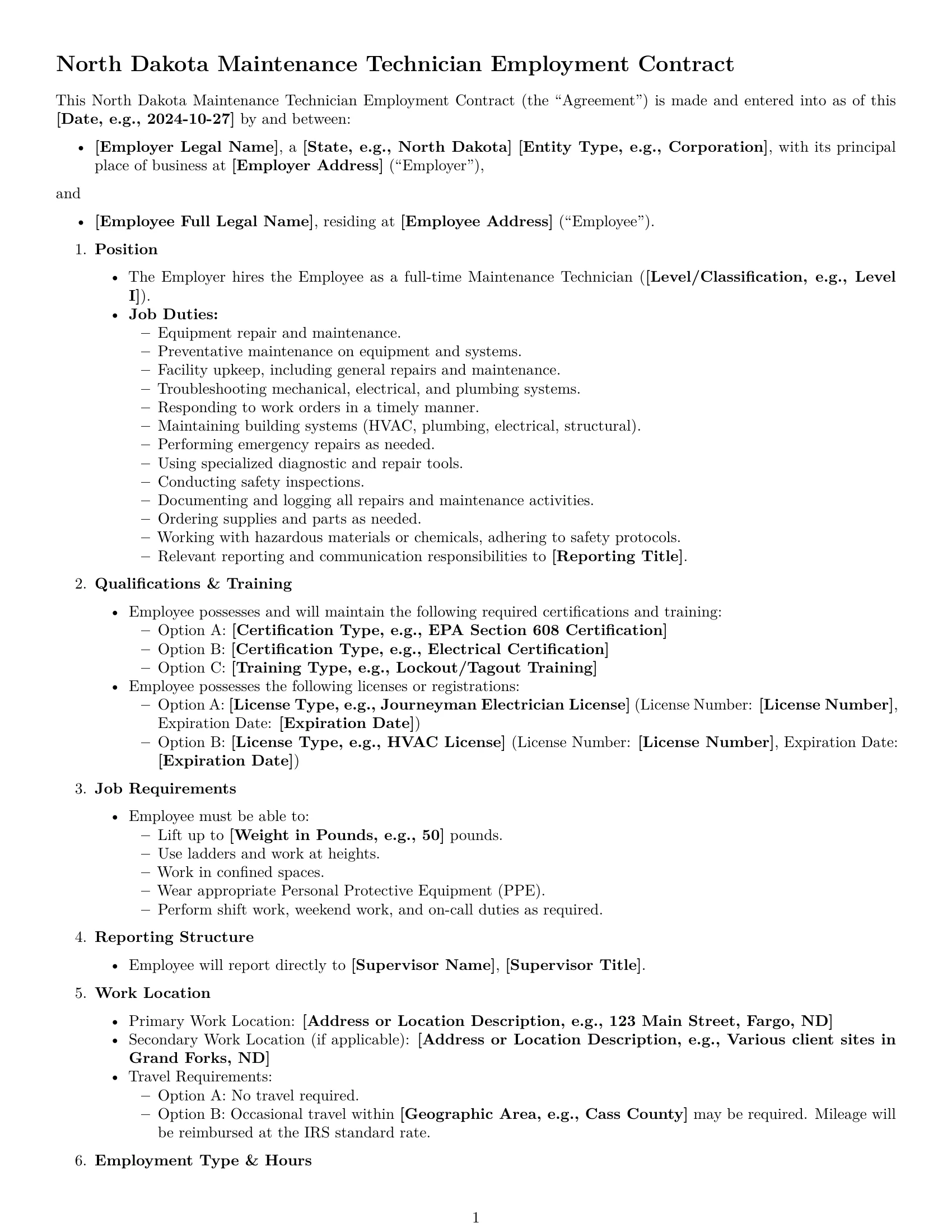 Preview page 1 of Free North Dakota maintenance technician employment contract template