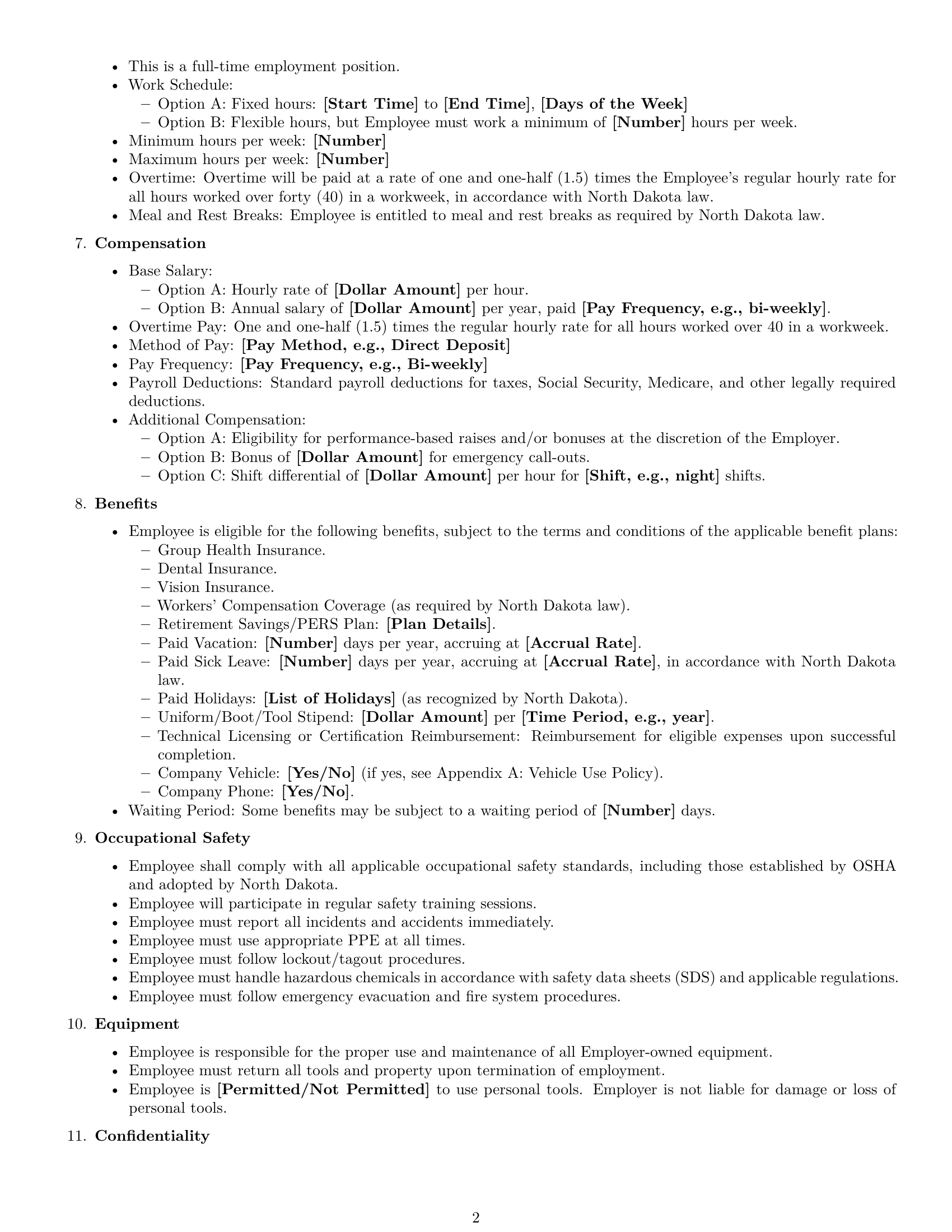 Preview page 2 of Free North Dakota maintenance technician employment contract template