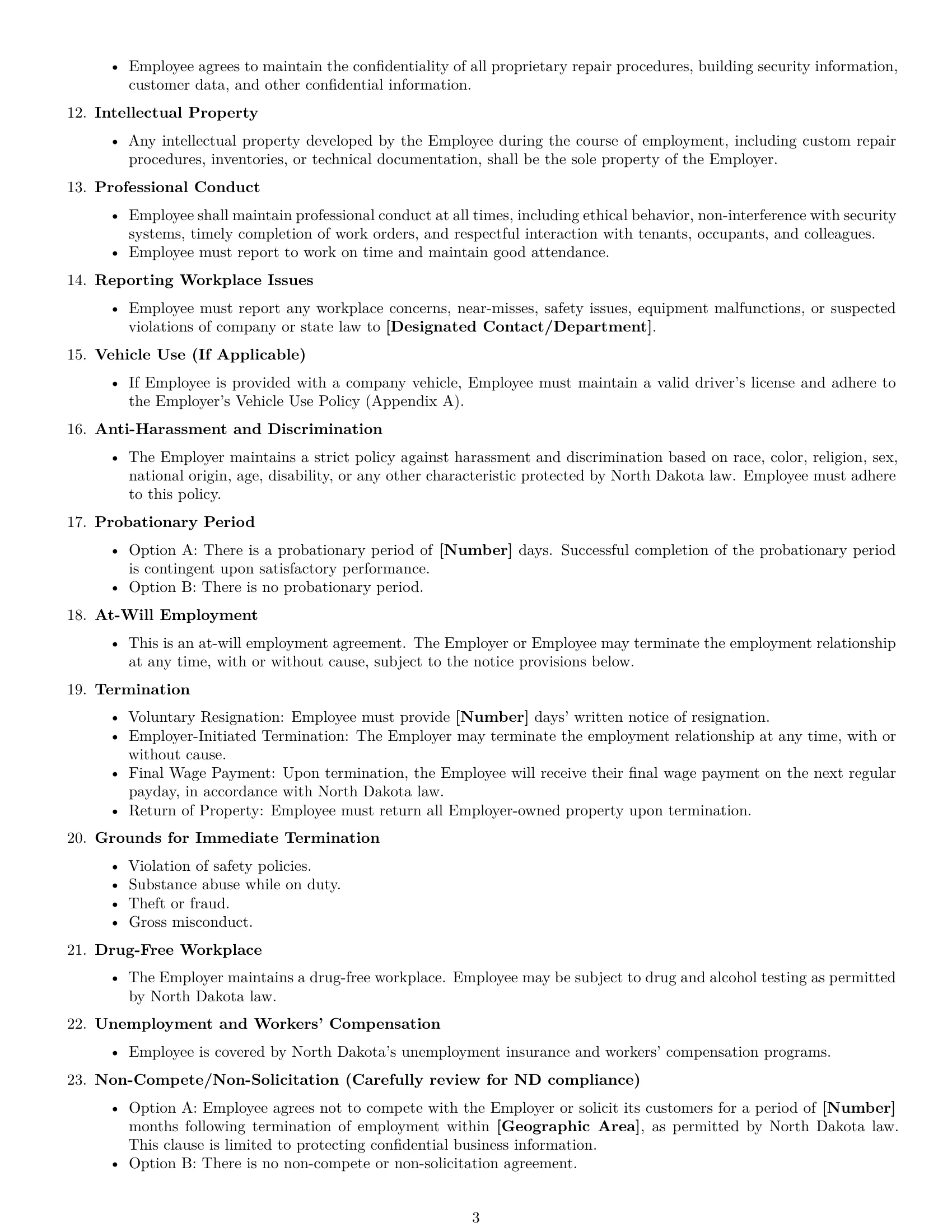 Preview page 3 of Free North Dakota maintenance technician employment contract template