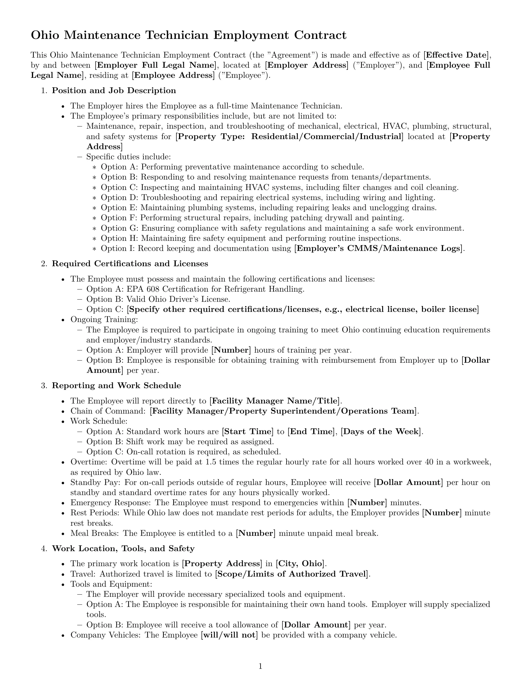 Preview page 1 of Free Ohio maintenance technician employment contract template