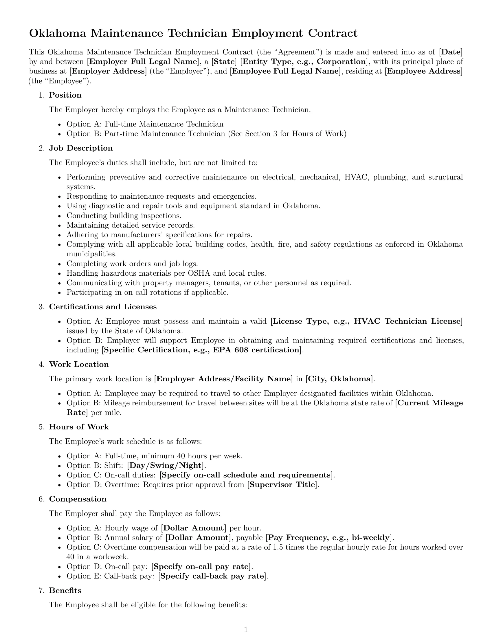 Preview page 1 of Free Oklahoma maintenance technician employment contract template