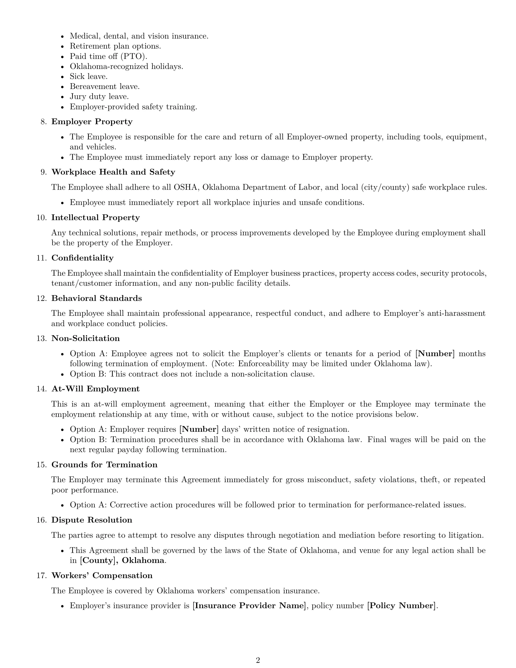 Preview page 2 of Free Oklahoma maintenance technician employment contract template