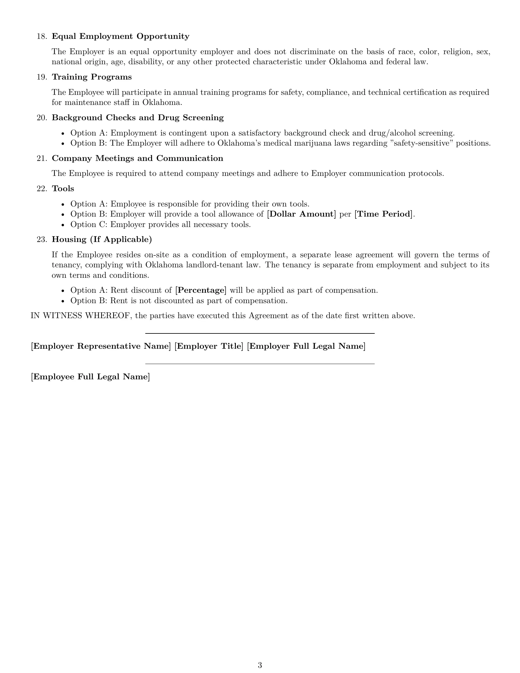 Preview page 3 of Free Oklahoma maintenance technician employment contract template