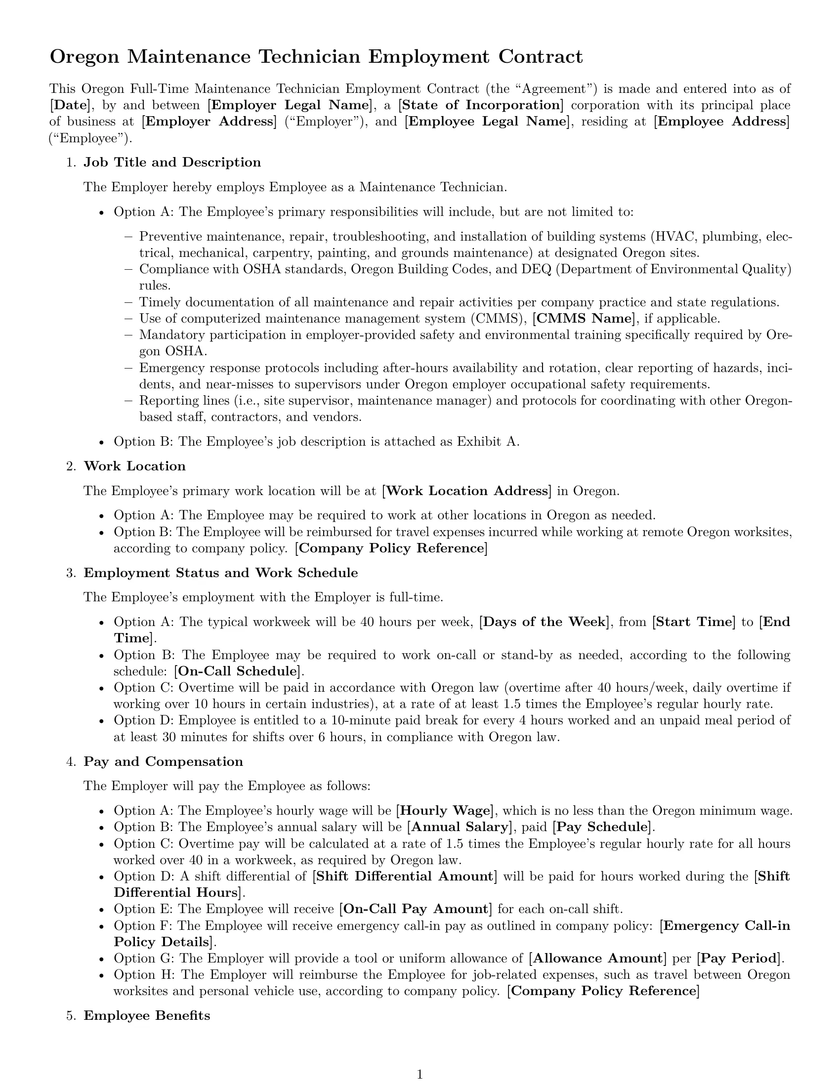 Preview page 1 of Free Oregon maintenance technician employment contract template