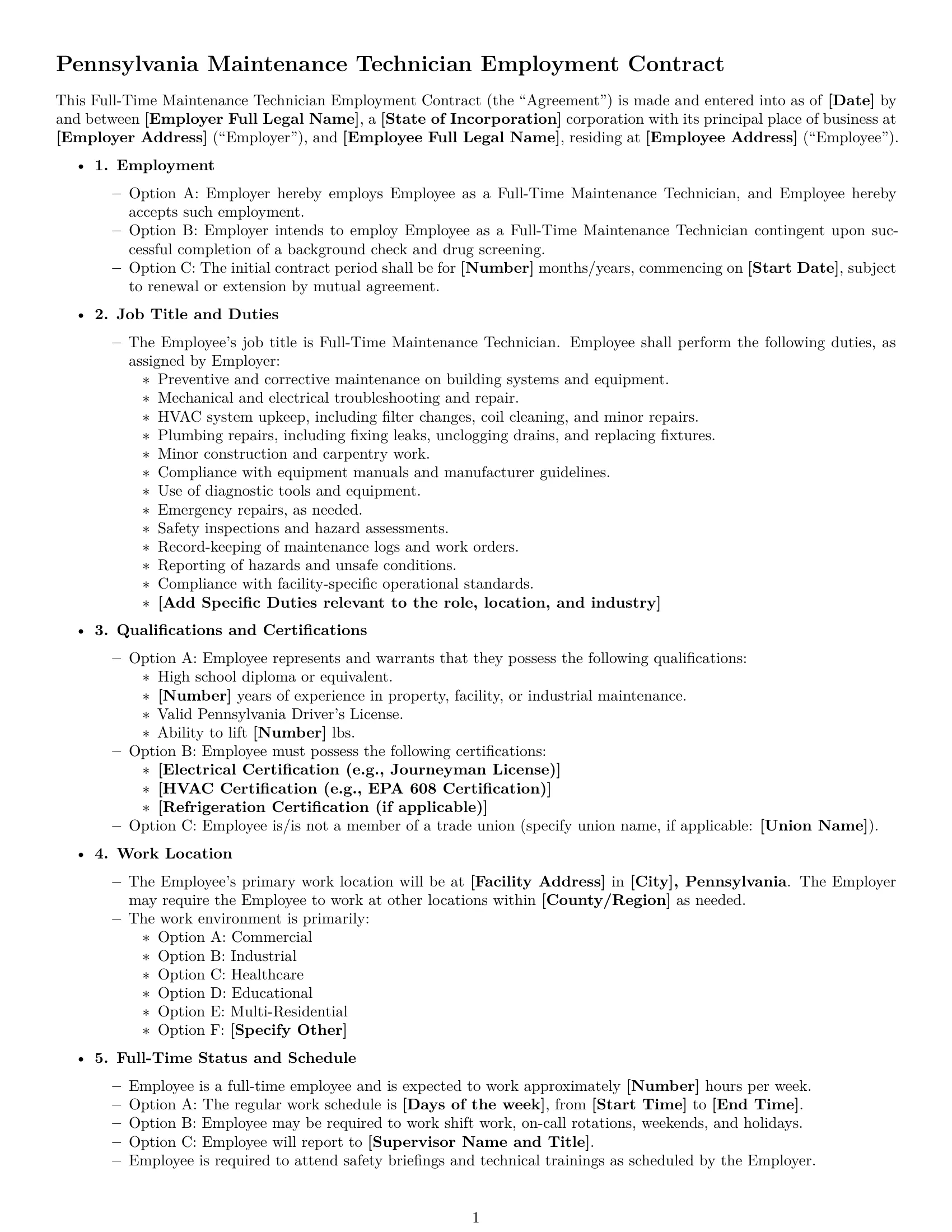 Preview page 1 of Free Pennsylvania maintenance technician employment contract template