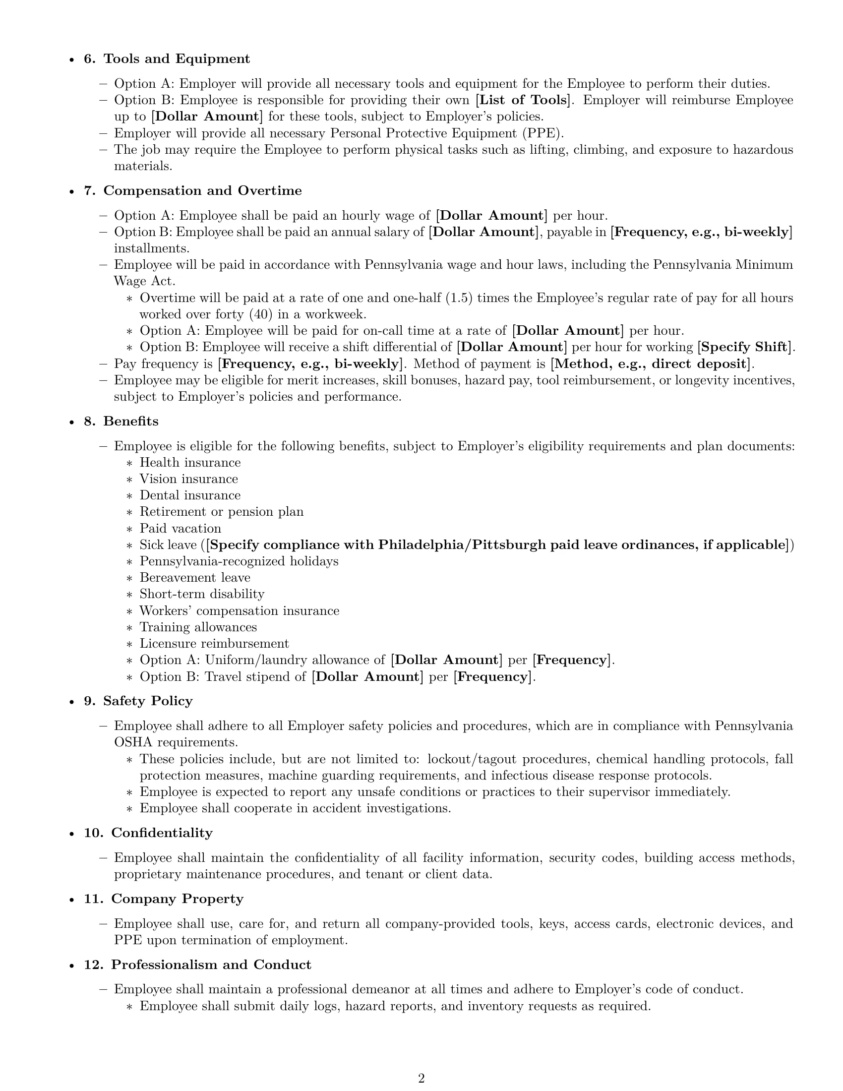 Preview page 2 of Free Pennsylvania maintenance technician employment contract template