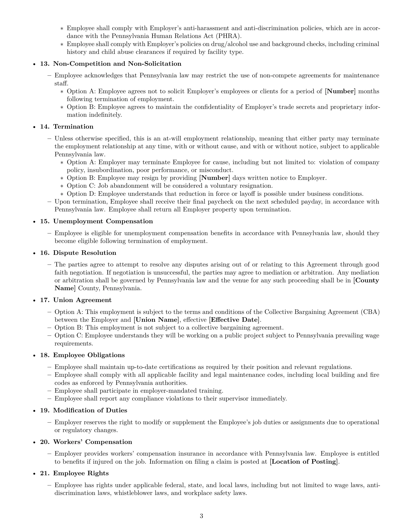 Preview page 3 of Free Pennsylvania maintenance technician employment contract template