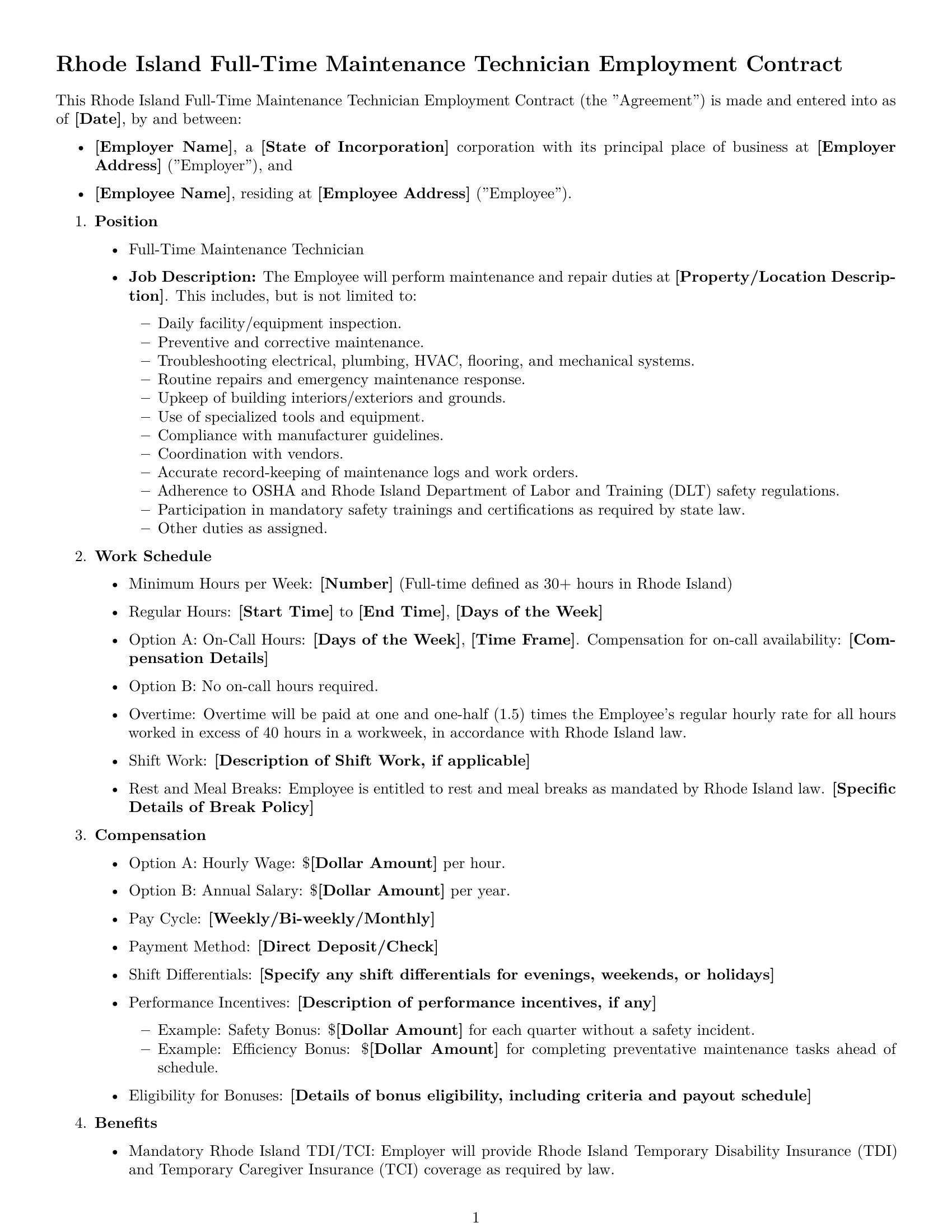 Preview page 1 of Free Rhode Island maintenance technician employment contract template