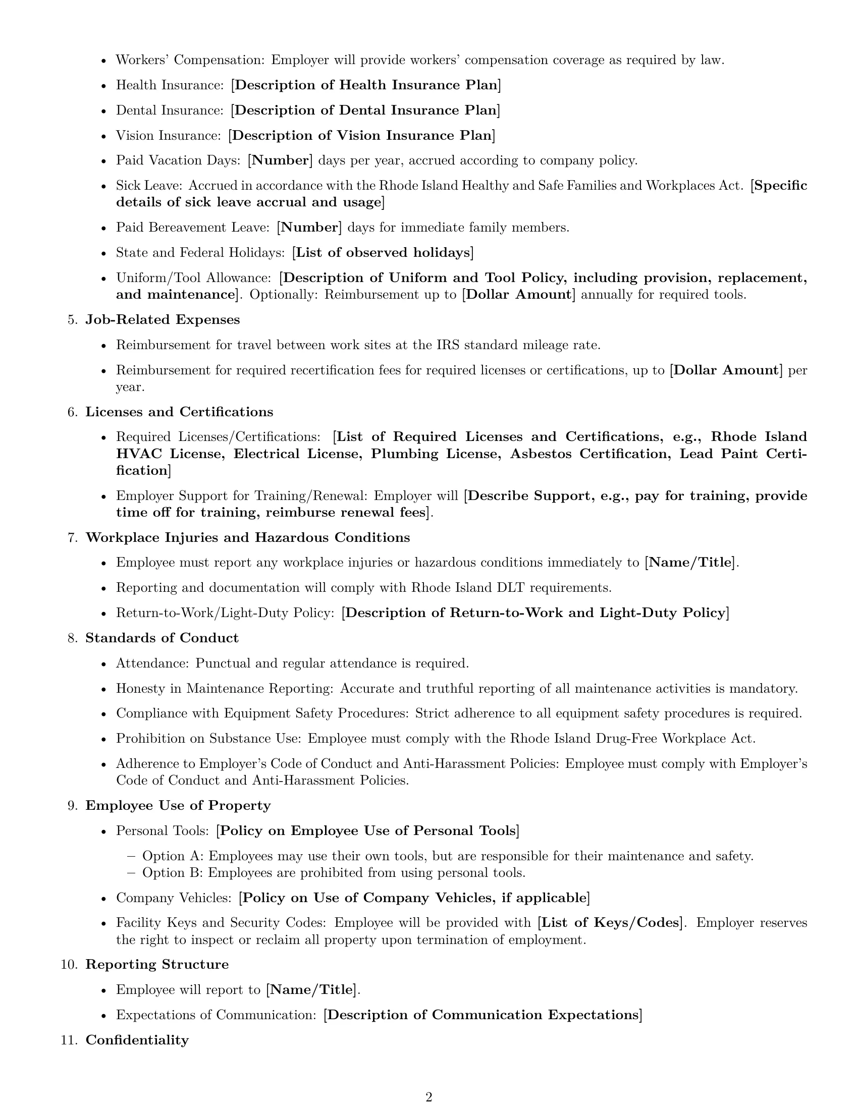 Preview page 2 of Free Rhode Island maintenance technician employment contract template