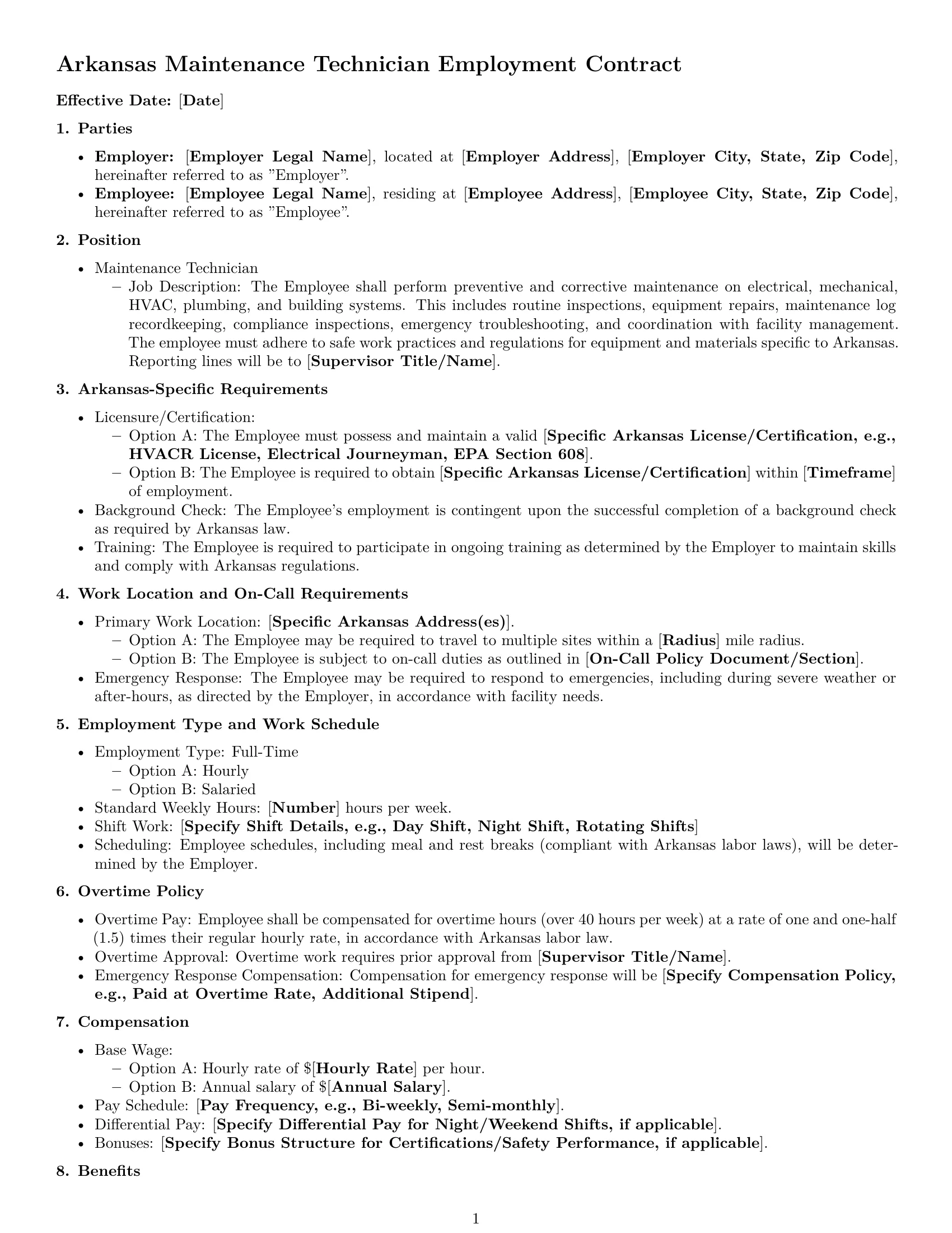 Preview page 1 of Free Arkansas maintenance technician employment contract template