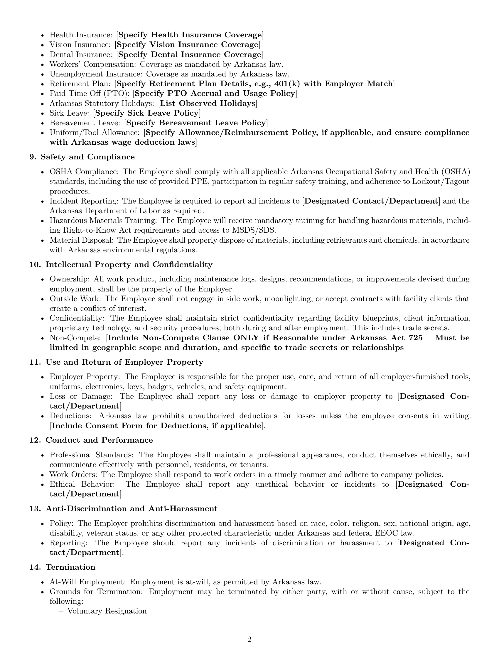 Preview page 2 of Free Arkansas maintenance technician employment contract template