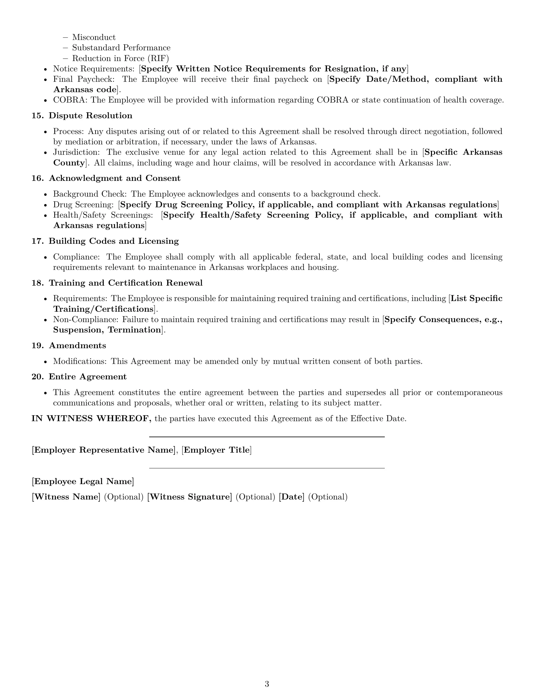 Preview page 3 of Free Arkansas maintenance technician employment contract template
