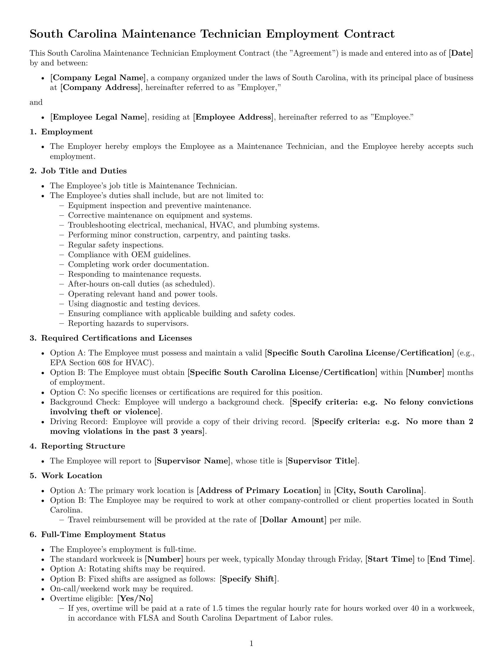 Preview page 1 of Free South Carolina maintenance technician employment contract template