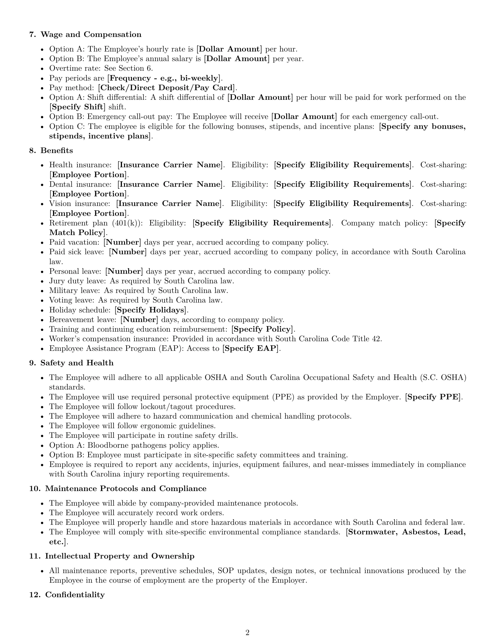 Preview page 2 of Free South Carolina maintenance technician employment contract template