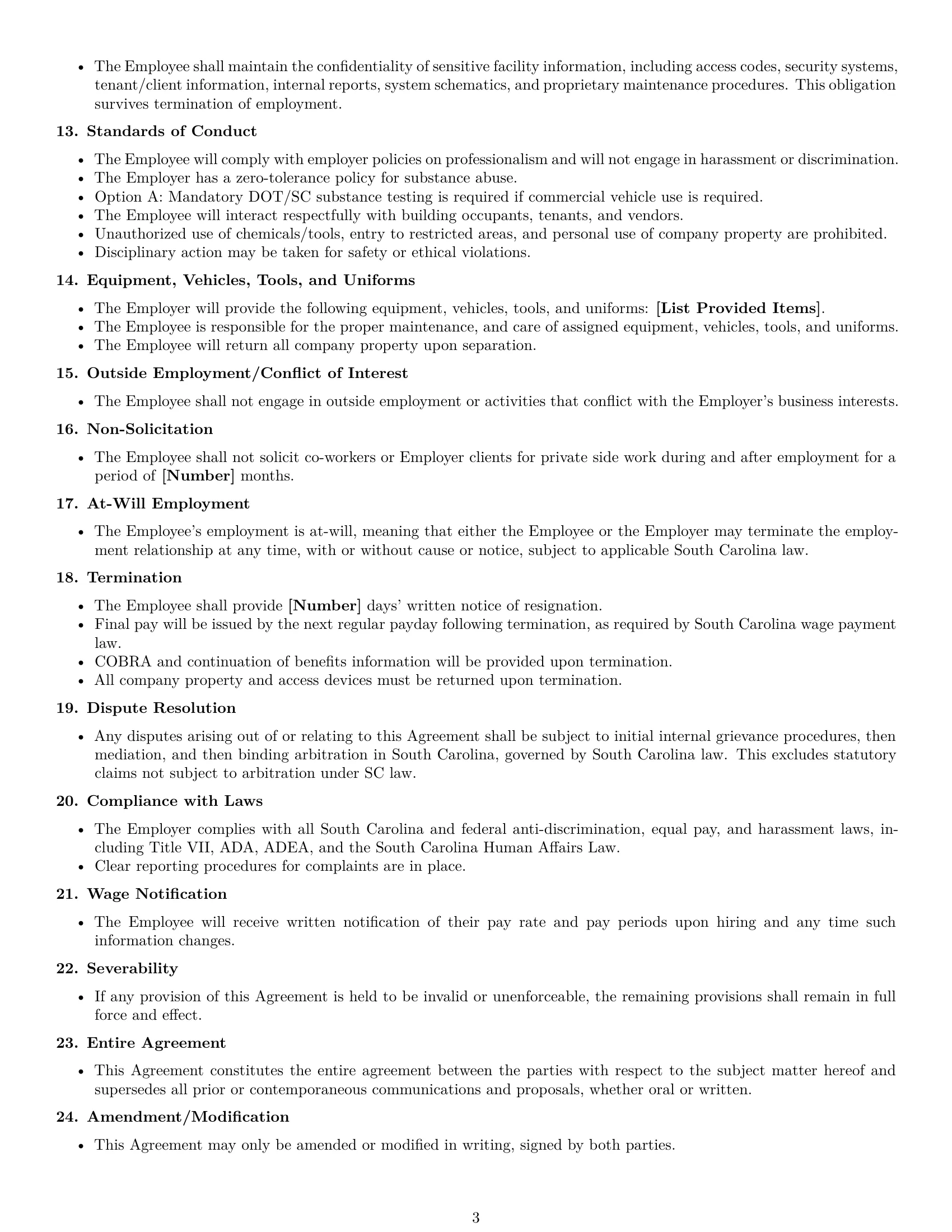 Preview page 3 of Free South Carolina maintenance technician employment contract template