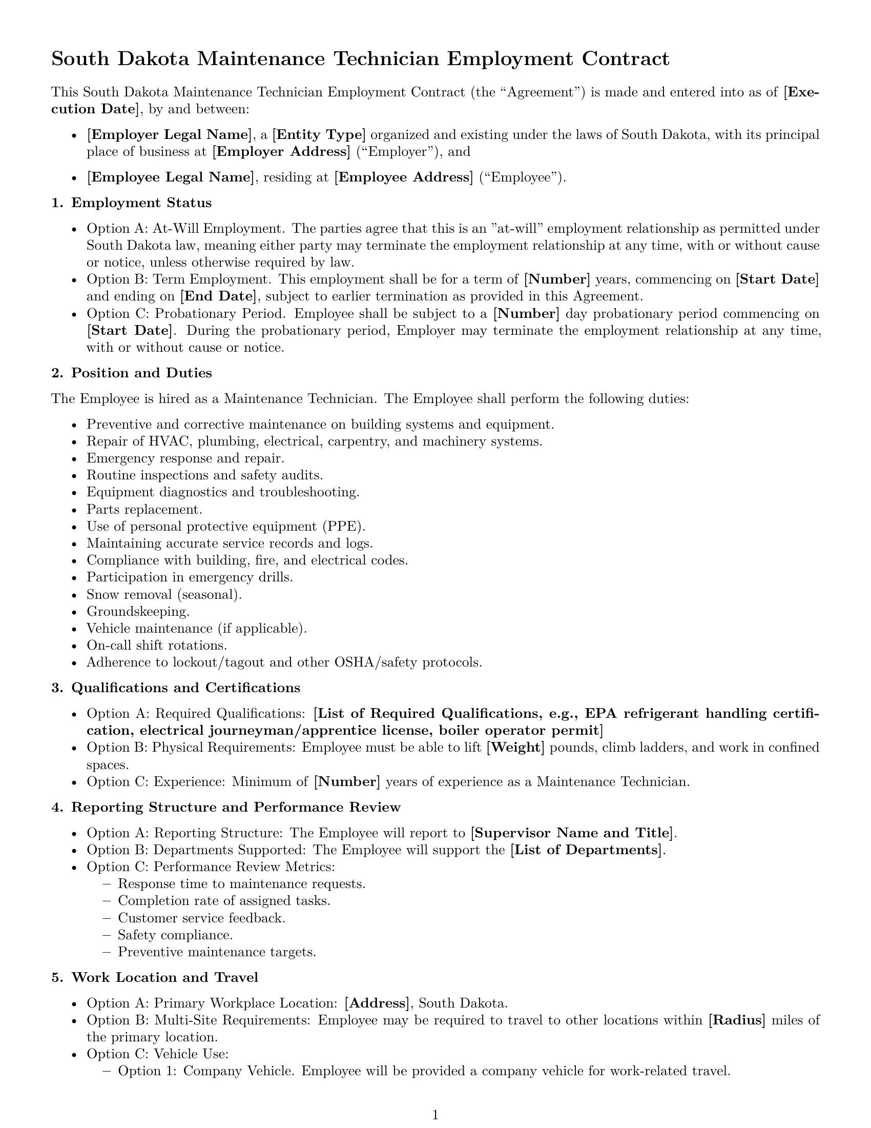 Preview page 1 of Free South Dakota maintenance technician employment contract template