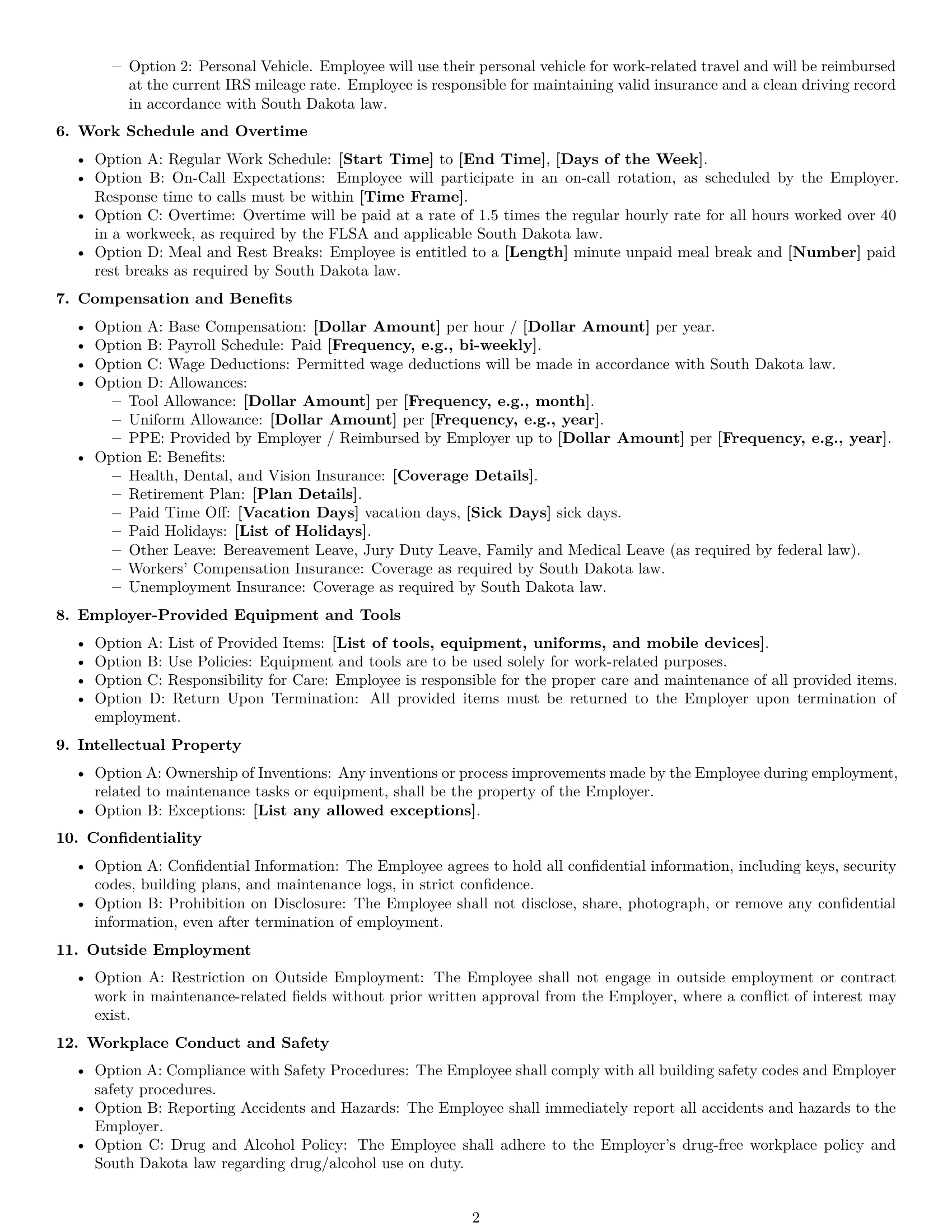 Preview page 2 of Free South Dakota maintenance technician employment contract template