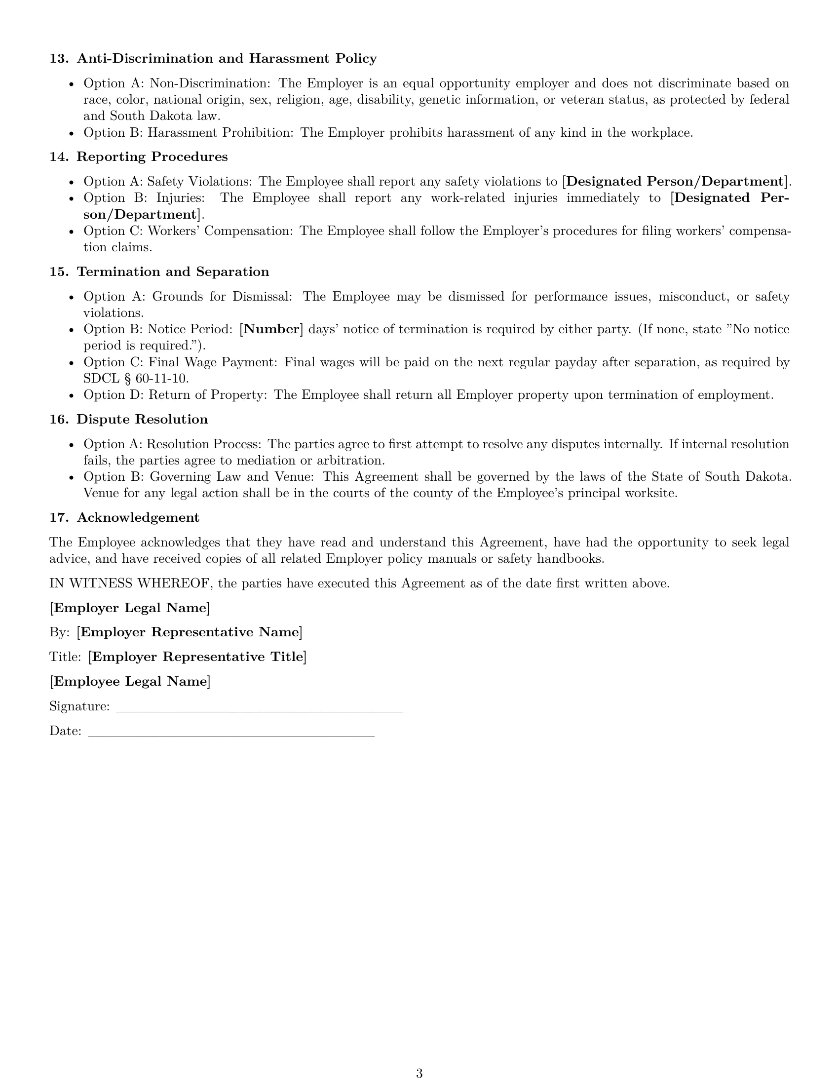 Preview page 3 of Free South Dakota maintenance technician employment contract template