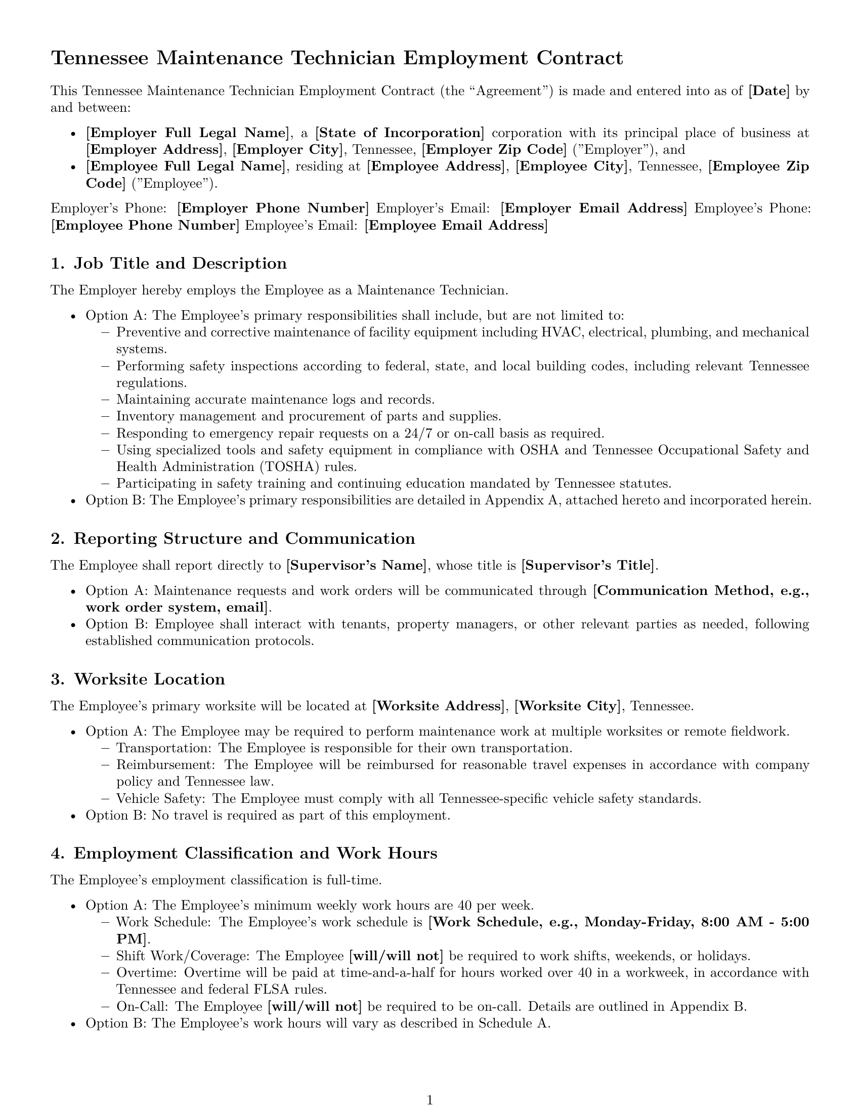 Preview page 1 of Free Tennessee maintenance technician employment contract template
