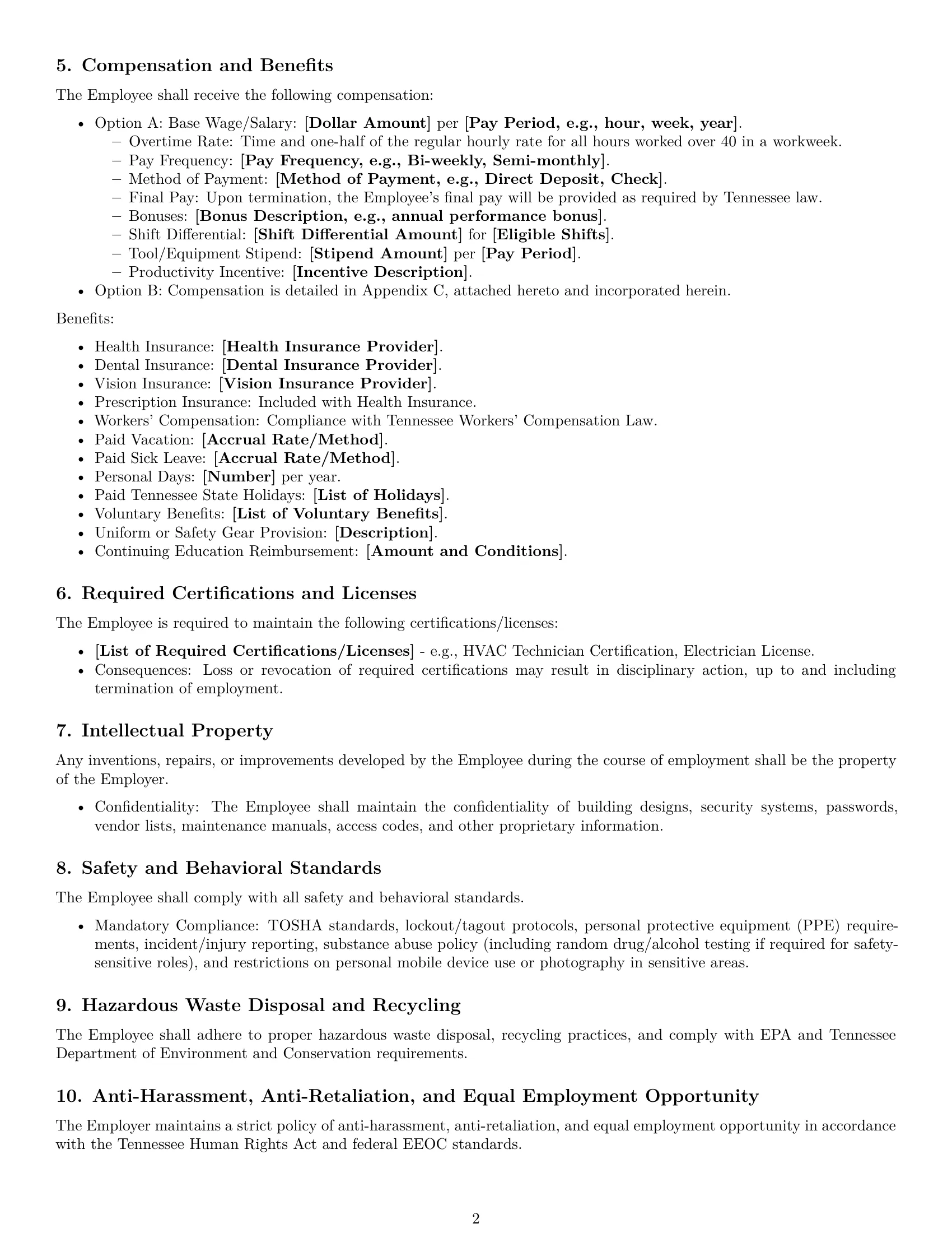 Preview page 2 of Free Tennessee maintenance technician employment contract template