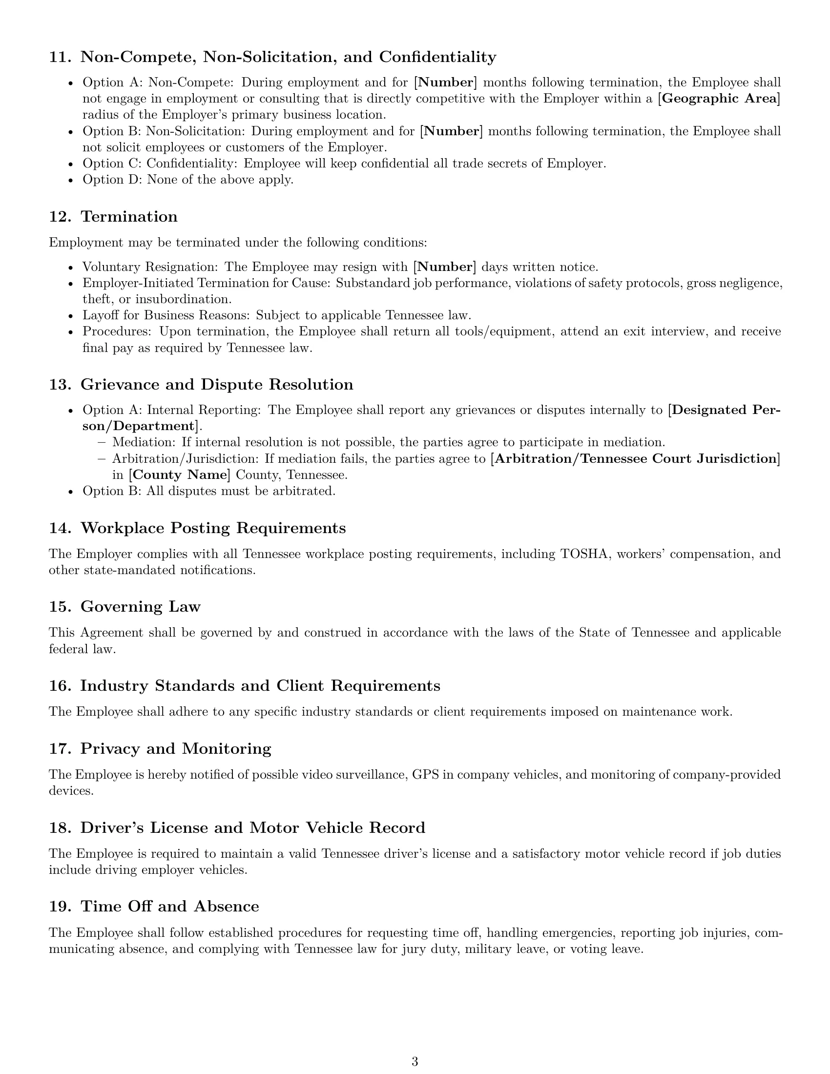 Preview page 3 of Free Tennessee maintenance technician employment contract template
