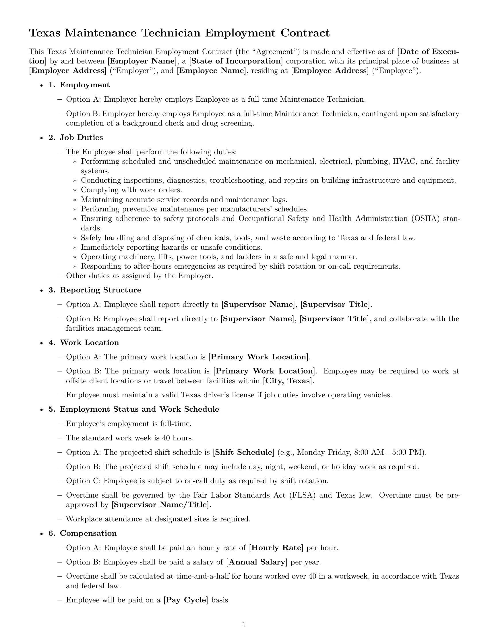 Preview page 1 of Free Texas maintenance technician employment contract template